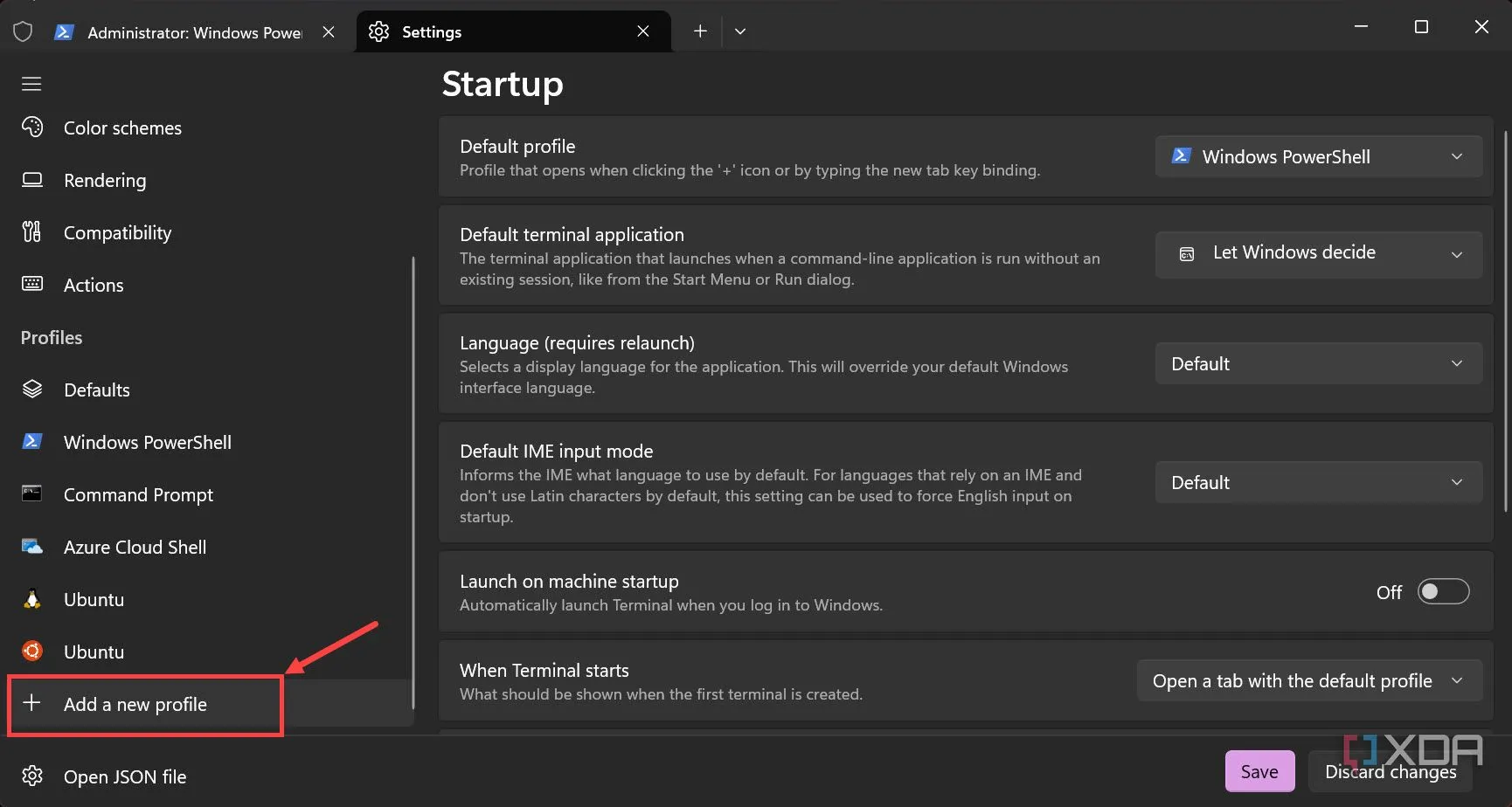 Giao diện cài đặt Windows Terminal hiển thị nút &quot;Add a new profile&quot;
