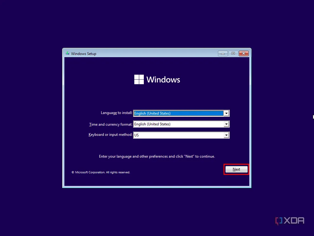 Giao diện cài đặt Windows yêu cầu chọn ngôn ngữ và cài đặt khu vực