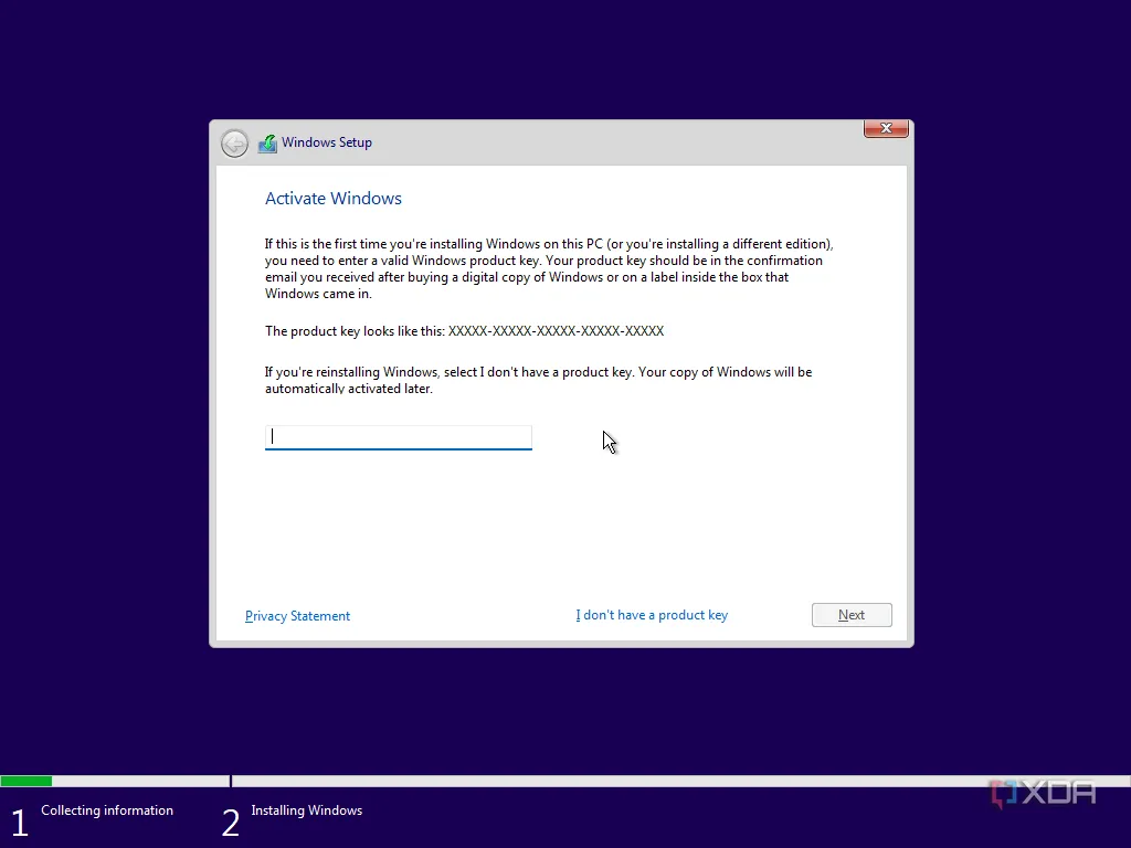 Giao diện cài đặt Windows yêu cầu nhập khóa sản phẩm