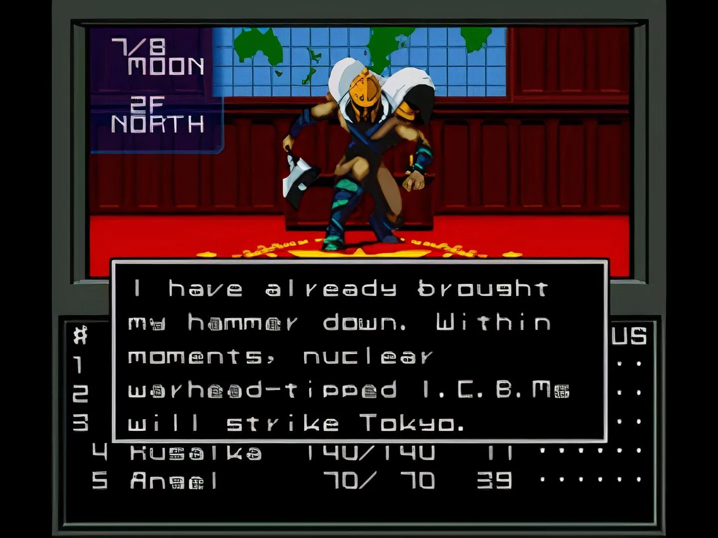 Giao diện chiến đấu theo lượt trong Shin Megami Tensei trên GBA, hiển thị các lựa chọn tấn công và thông tin về quái vật.
