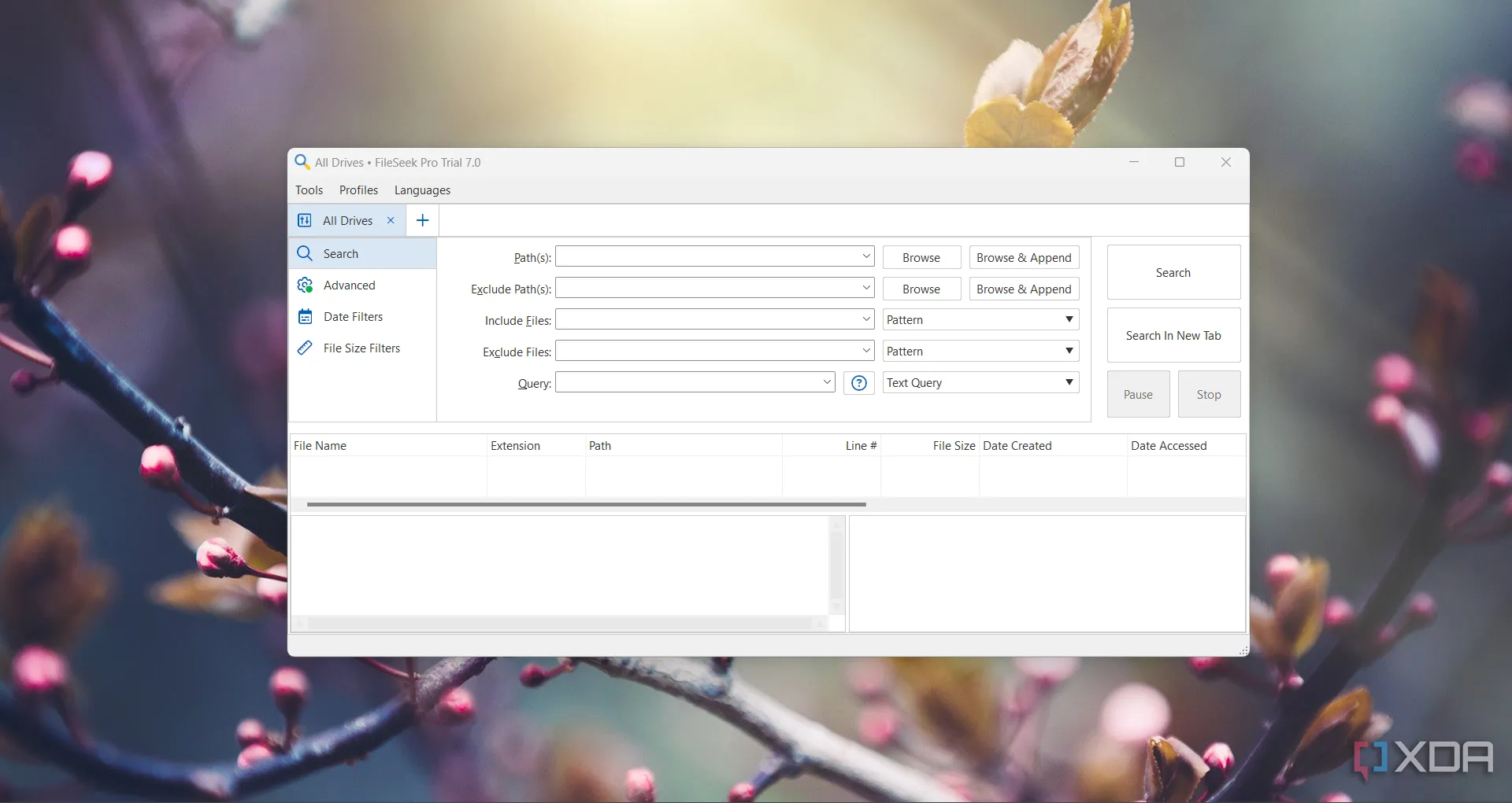 Giao diện chính của FileSeek, hiển thị các tùy chọn tìm kiếm nâng cao theo tên hoặc nội dung file