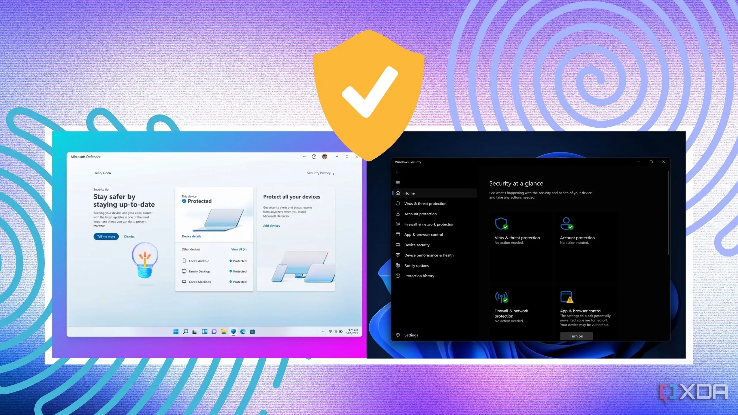 Giao diện chính của Microsoft Defender và Windows Security, thể hiện khả năng bảo mật tích hợp trên Windows 11