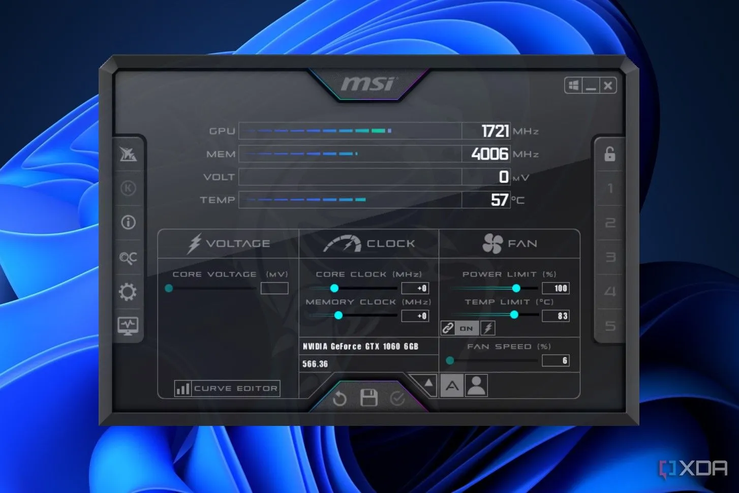 Giao diện chính của phần mềm MSI Afterburner, thường dùng để ép xung và giám sát phần cứng