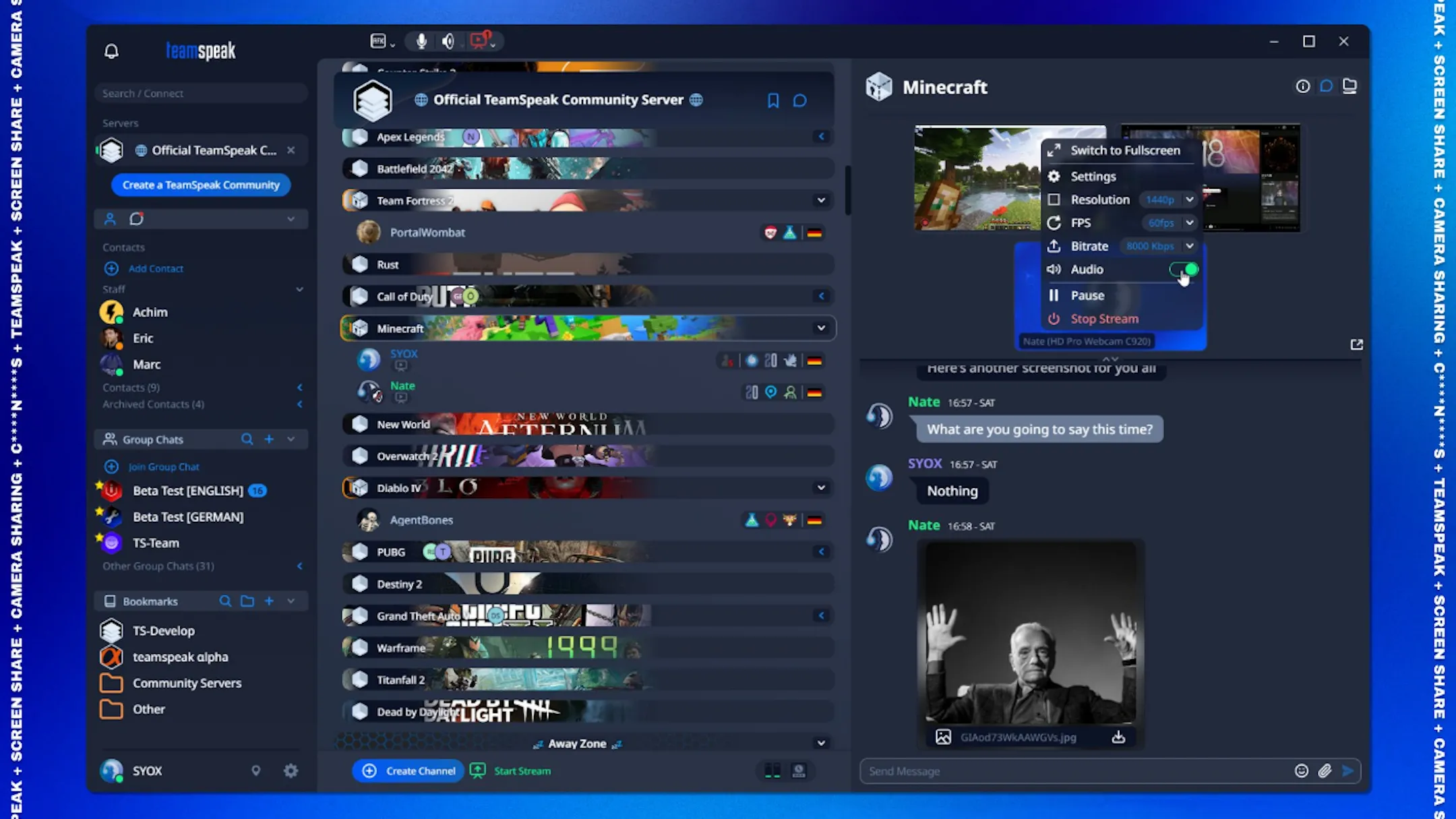 Giao diện chính của TeamSpeak V6 hiển thị kênh chat và danh sách người dùng