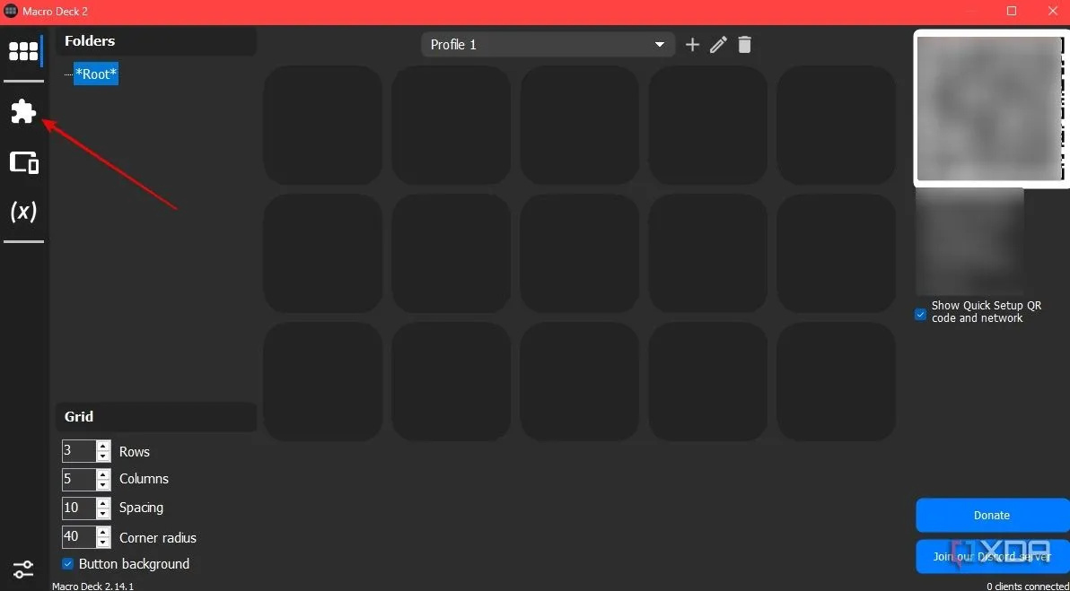 Giao diện chính (homepage) của ứng dụng Macro Deck trên máy tính