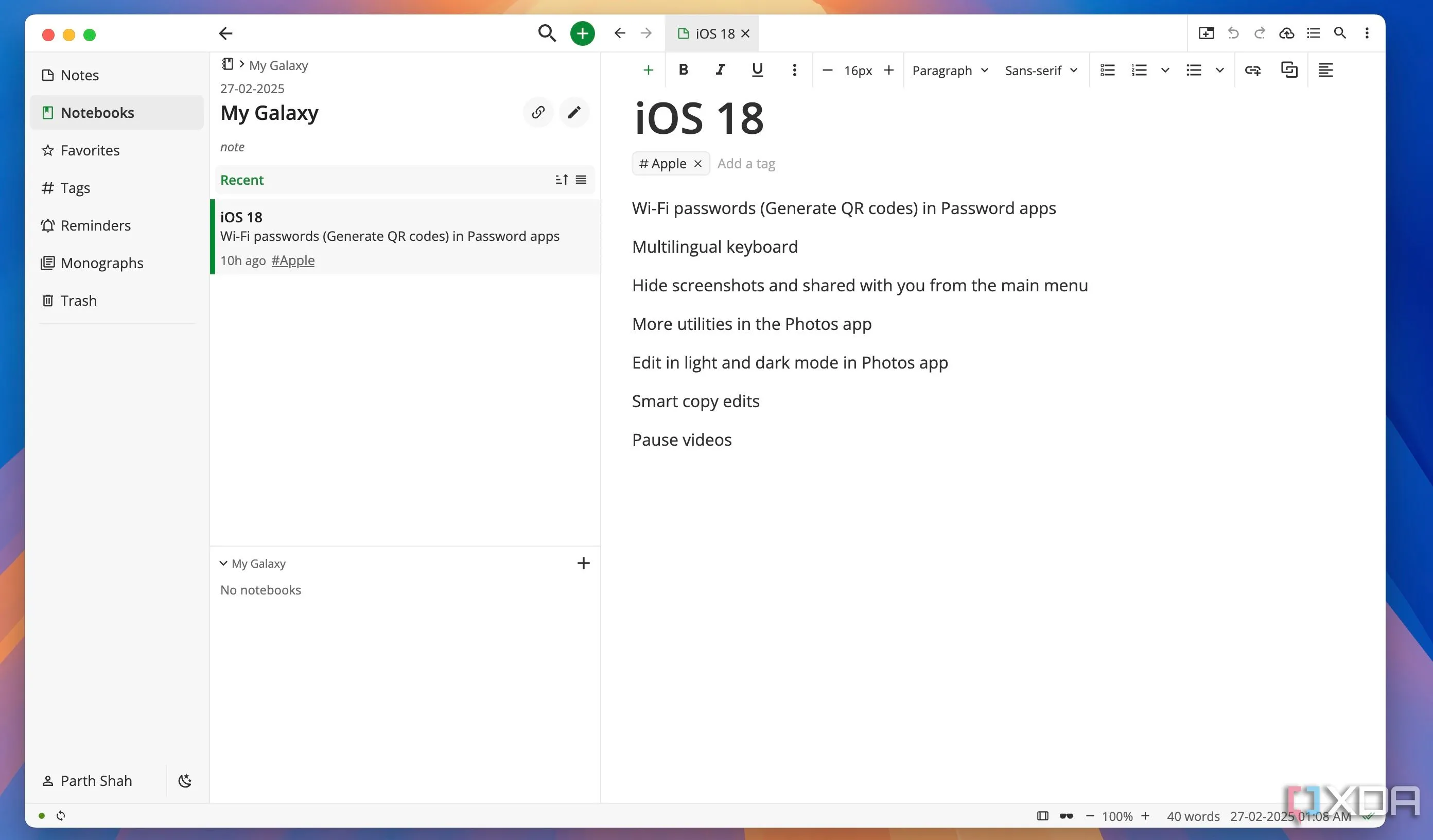 Giao diện chính Notesnook trên desktop với danh sách ghi chú và thanh công cụ quen thuộc