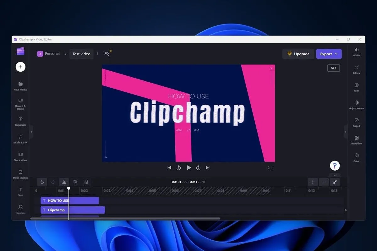 Giao diện chỉnh sửa video Clipchamp trên Windows 11 với các công cụ cơ bản