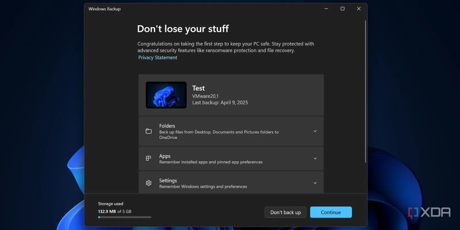 Giao diện chính ứng dụng Windows Backup hiển thị các tùy chọn sao lưu trên Windows 11