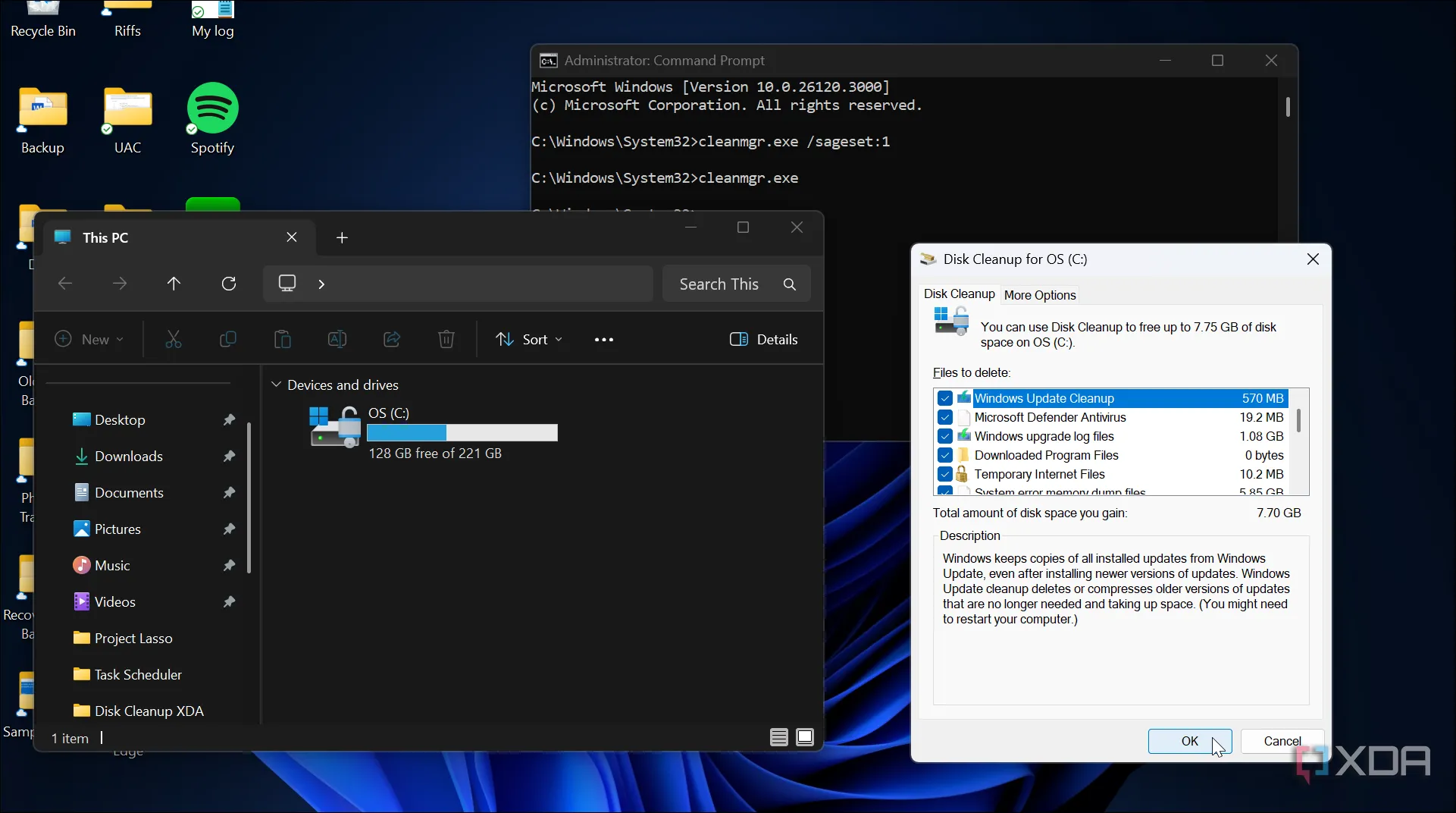 Giao diện công cụ Disk Cleanup trên Windows 11 hiển thị dung lượng ổ đĩa cục bộ, sẵn sàng dọn dẹp file hệ thống