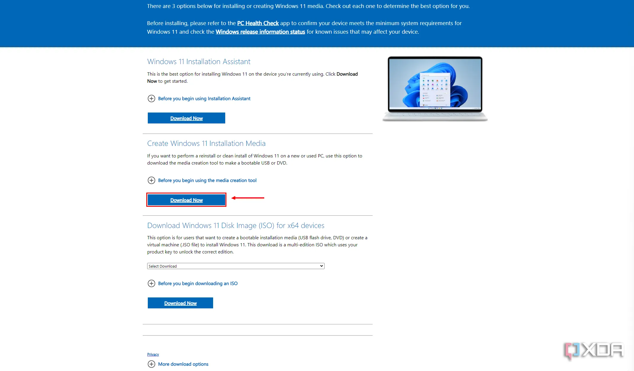 Giao diện công cụ Media Creation Tool của Windows 11 với nút Download Now được đánh dấu