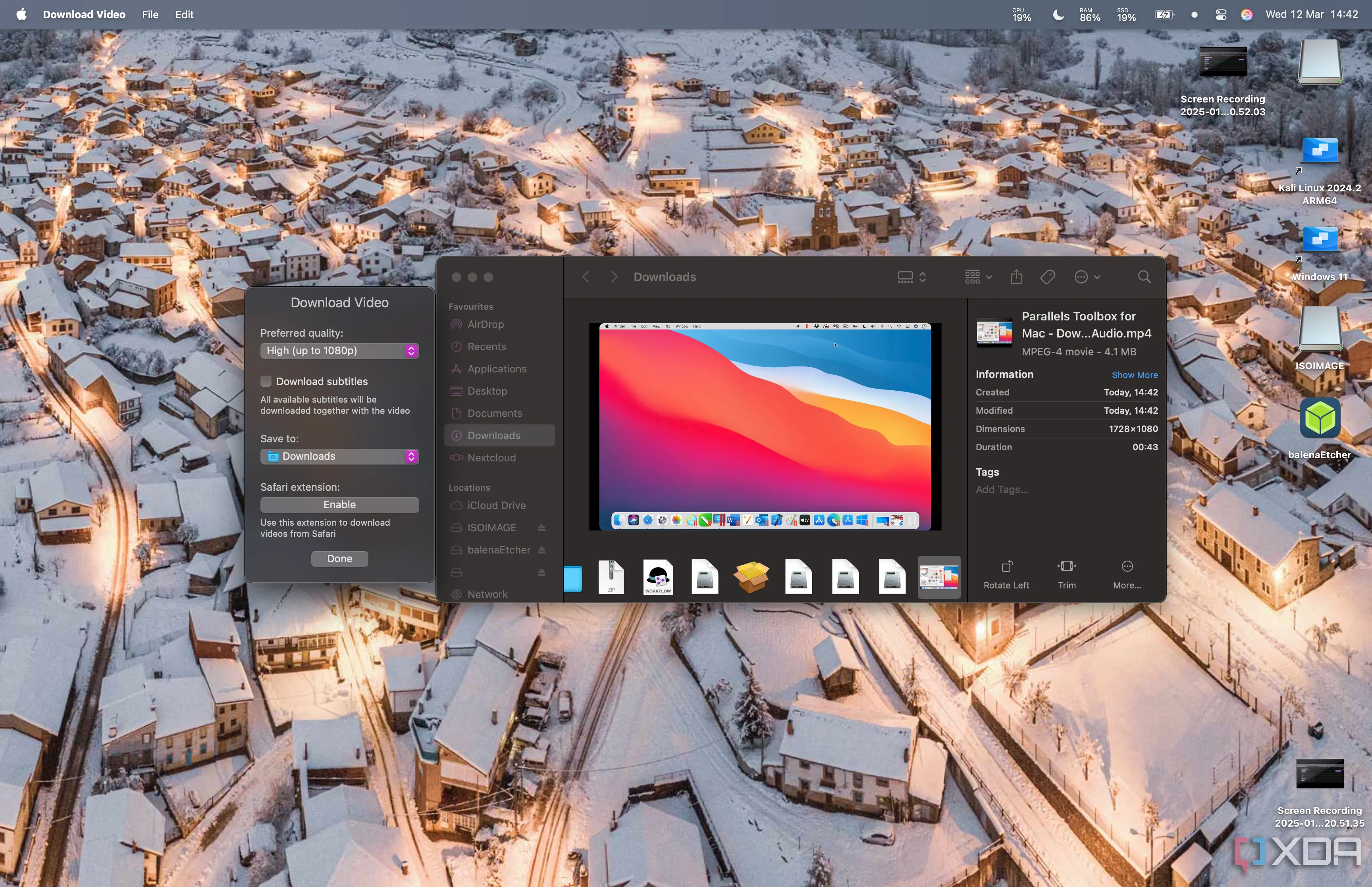 Giao diện công cụ Tải Video của Parallels Toolbox, cho phép dán liên kết YouTube và chọn chất lượng để tải về.