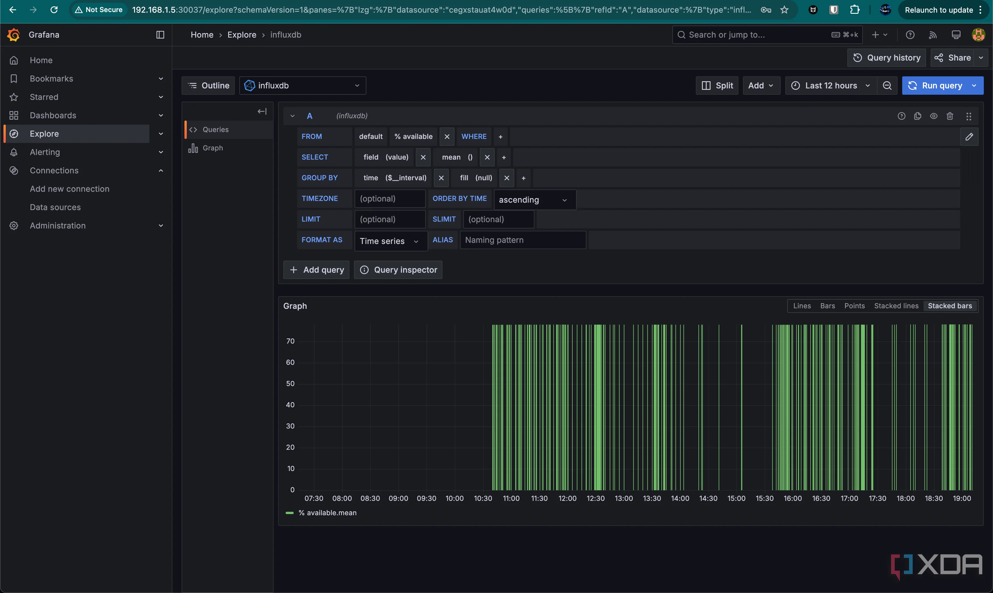 Giao diện công cụ tạo truy vấn (Query Builder) trong Grafana để chọn dữ liệu từ InfluxDB