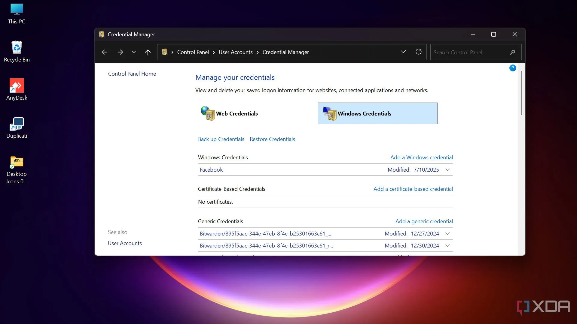 Giao diện Credential Manager của Windows, hiển thị các thông tin đăng nhập và mật khẩu đã lưu