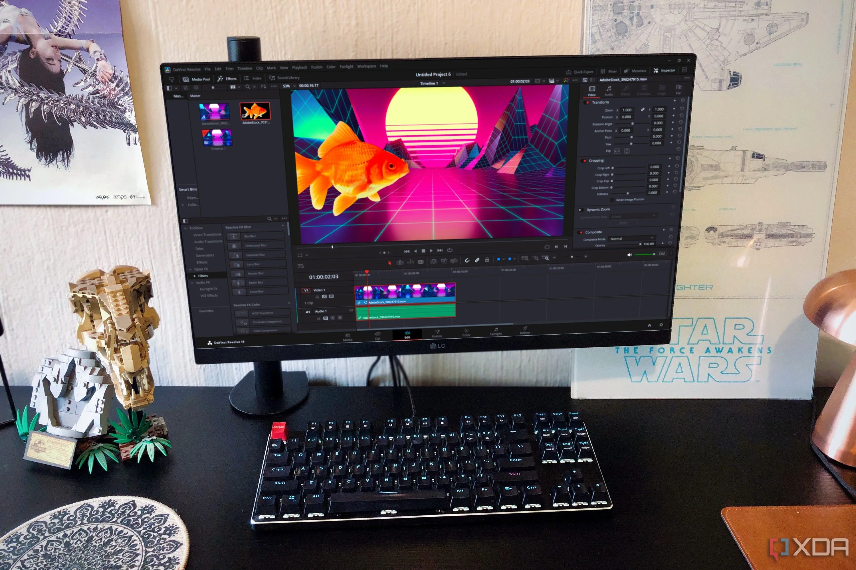 Giao diện cửa sổ Edit của DaVinci Resolve trên máy tính bàn, thể hiện môi trường NLE tích hợp.