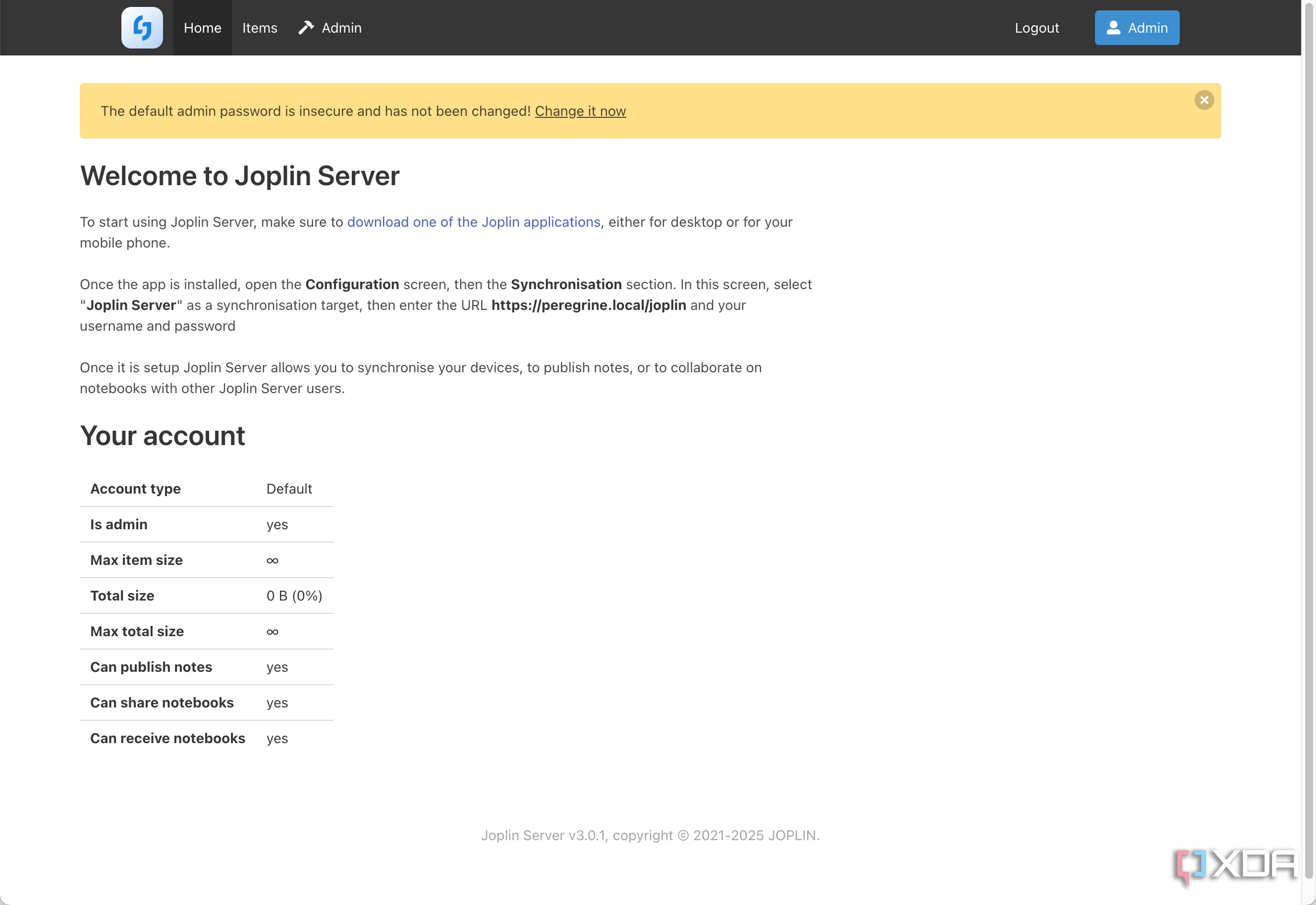 Giao diện đăng nhập của Joplin Server trên trình duyệt web, sẵn sàng cho người dùng.