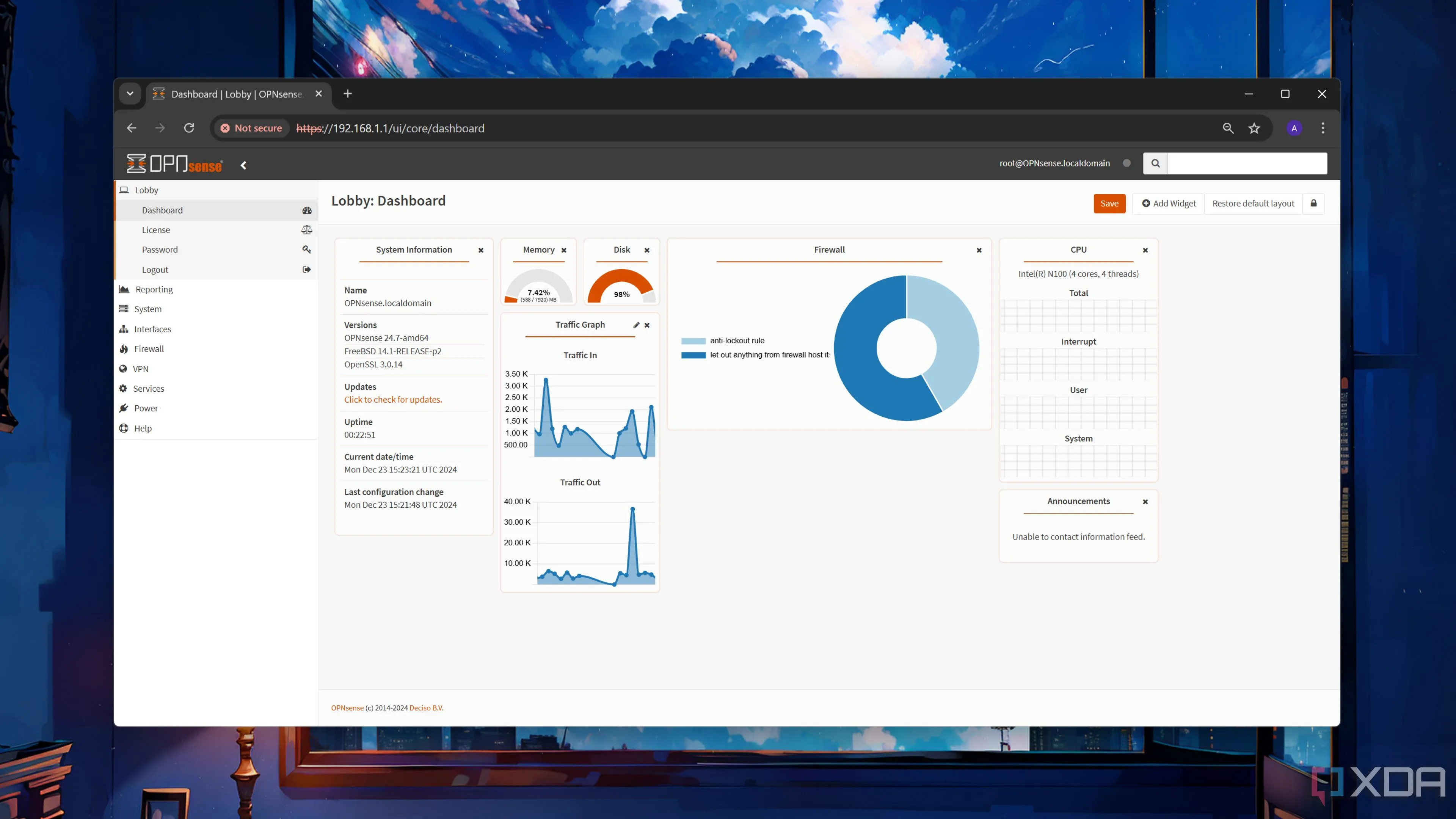 Giao diện Dashboard của OPNsense, một hệ điều hành tường lửa mạnh mẽ cho mạng gia đình.