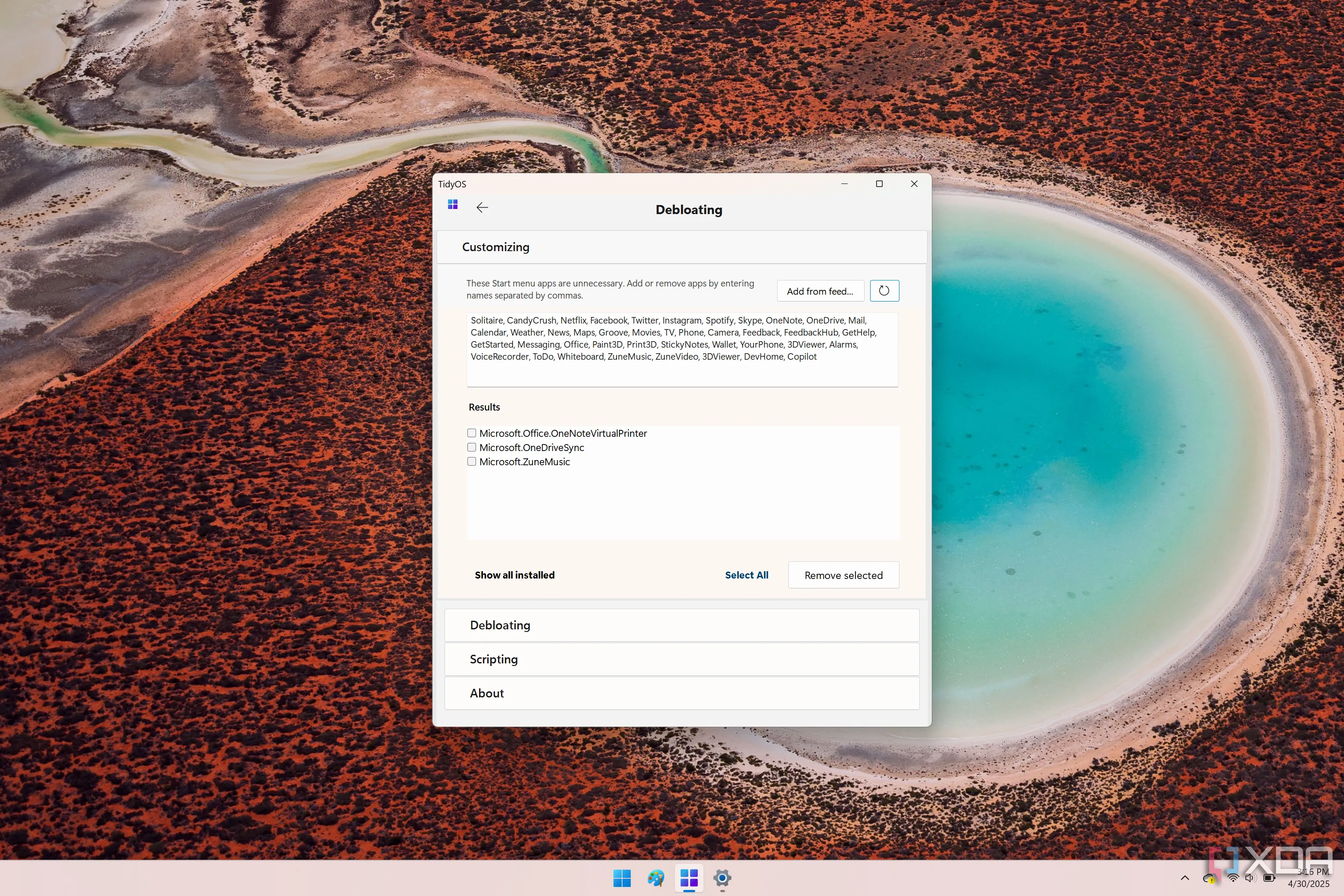 Giao diện Debloating của TidyOS hiển thị danh sách ứng dụng cài sẵn trên Windows 11 có thể gỡ bỏ
