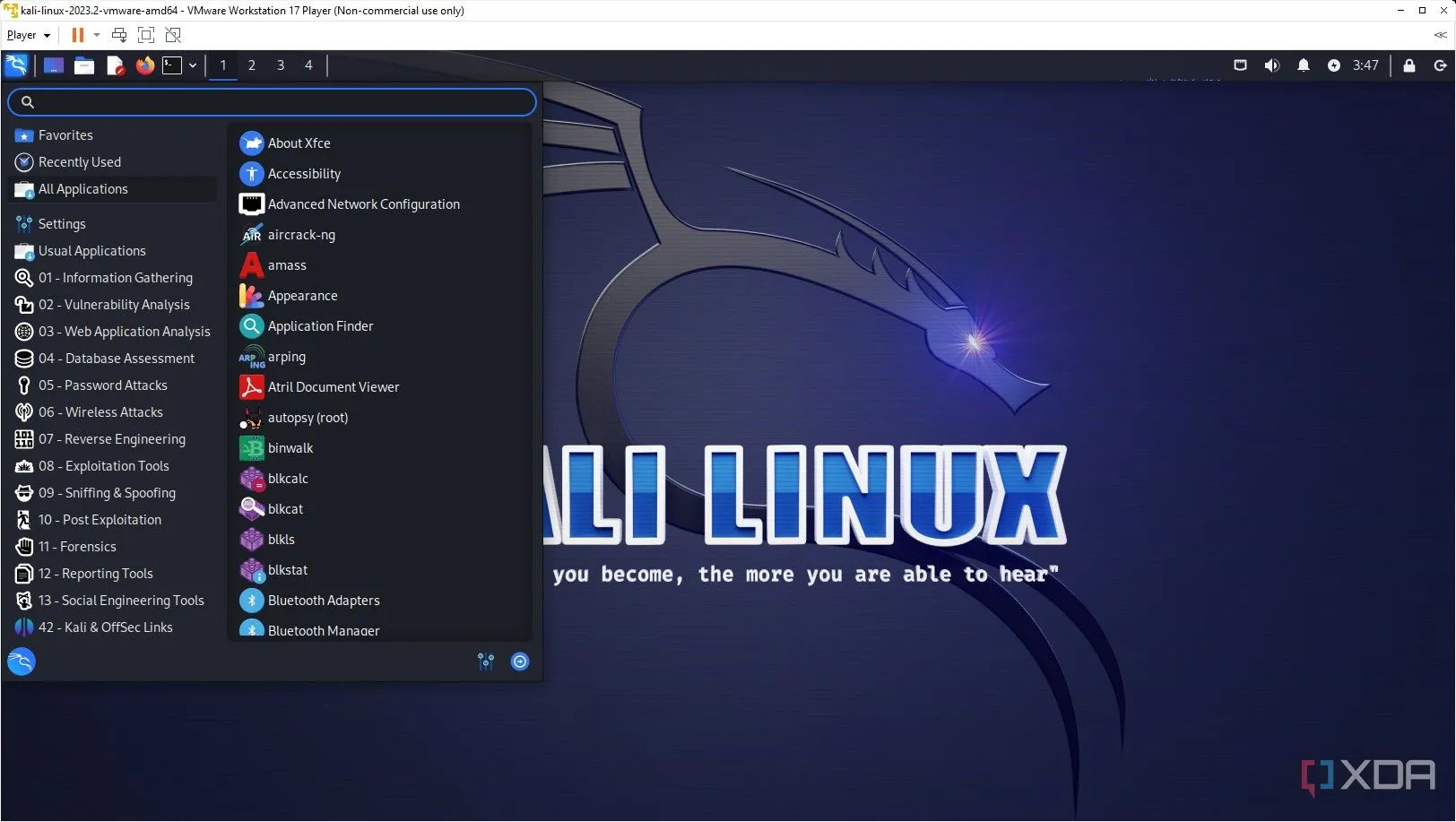 Giao diện desktop Kali Linux trong môi trường container Docker