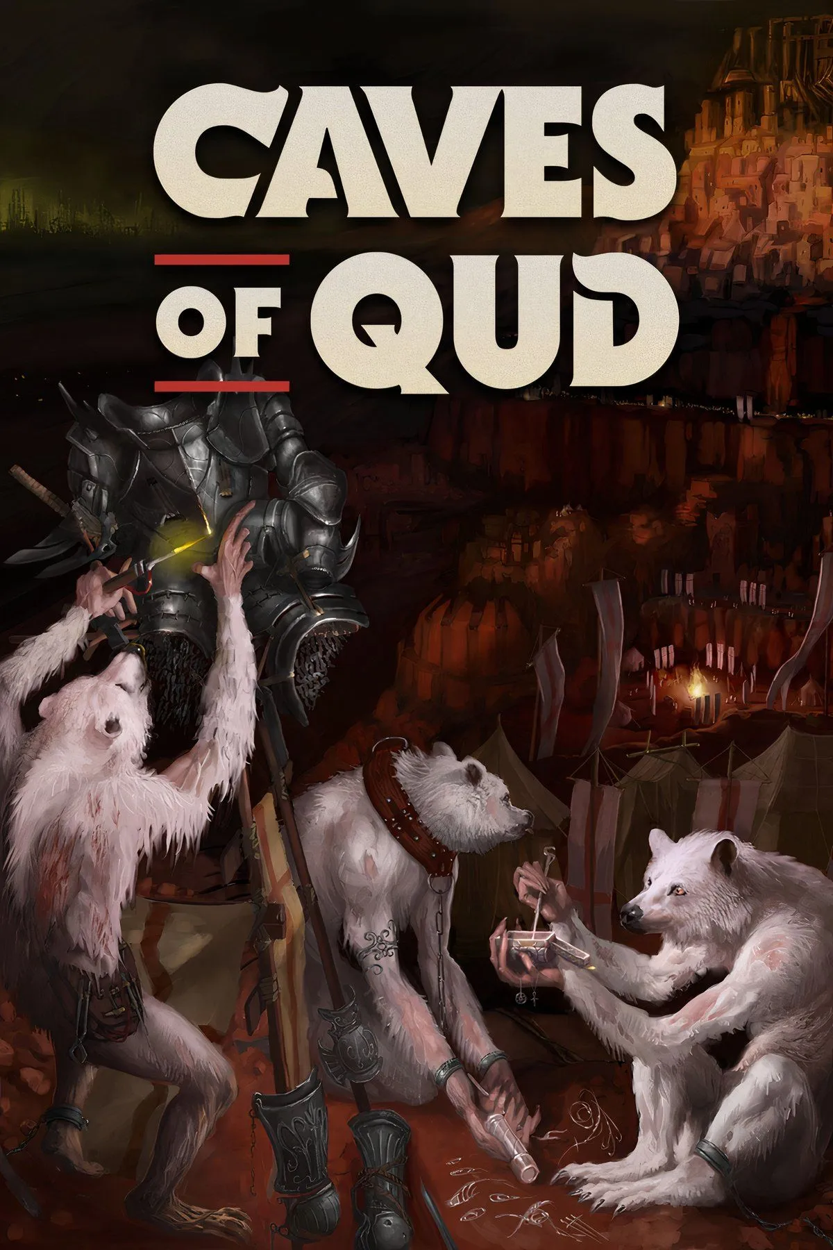Giao diện đồ họa pixel art độc đáo của game roguelike Caves of Qud với các sinh vật và môi trường kỳ lạ.