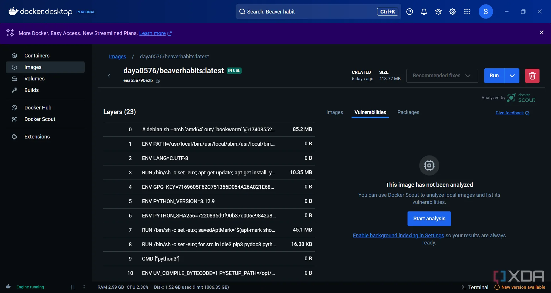 Giao diện Docker Desktop phân tích lỗ hổng bảo mật của Beaver Habit Tracker