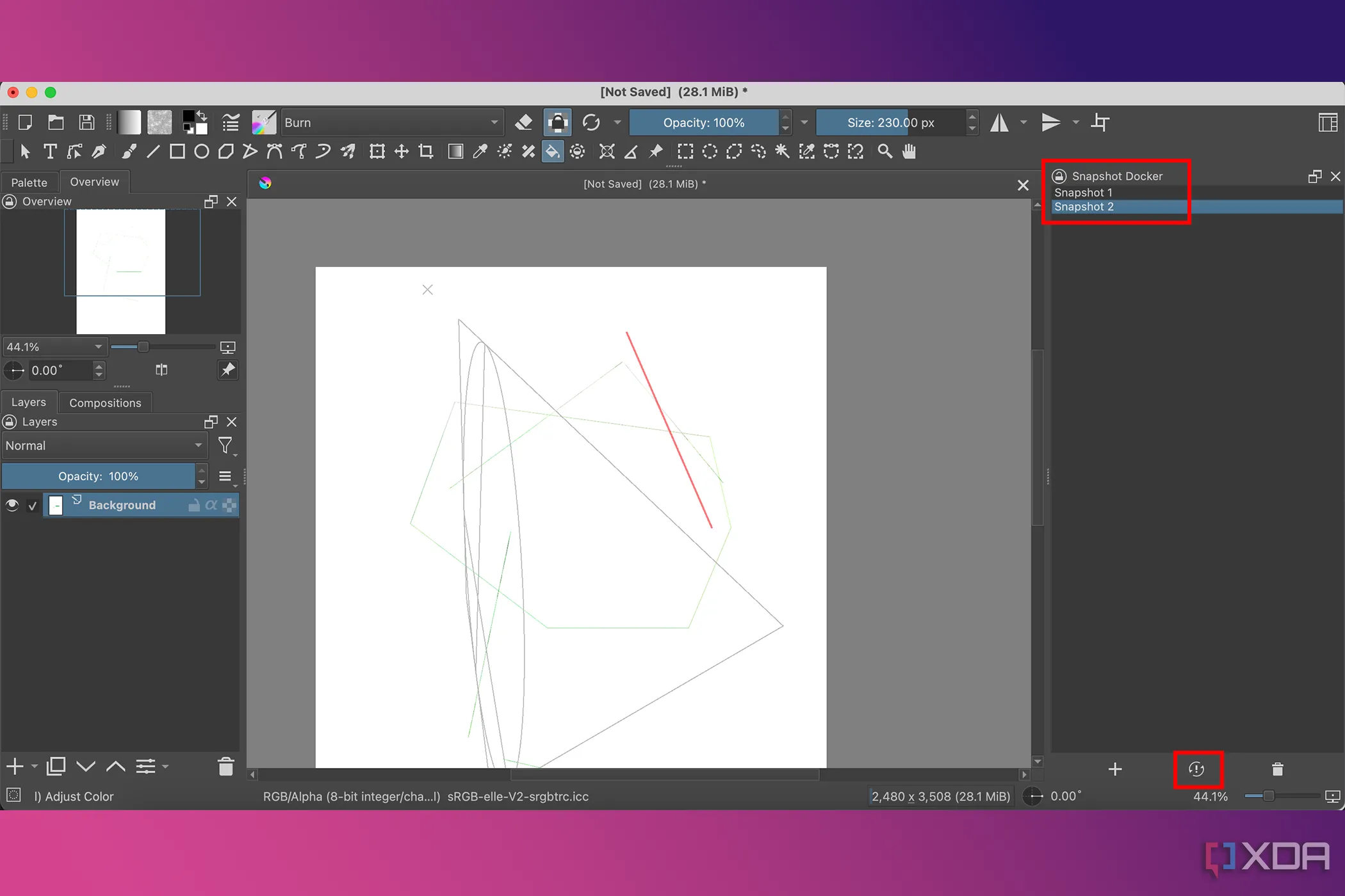 Giao diện docker Krita hiển thị các điểm chụp nhanh (snapshot) của tài liệu, giúp người dùng dễ dàng tham khảo lại các trạng thái thiết kế trước đó.