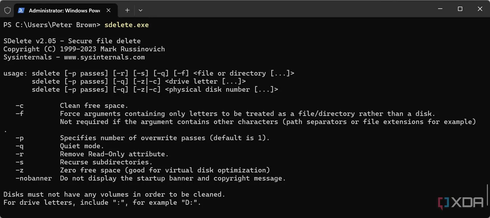 Giao diện dòng lệnh của công cụ SDelete giúp xóa file an toàn trên Windows