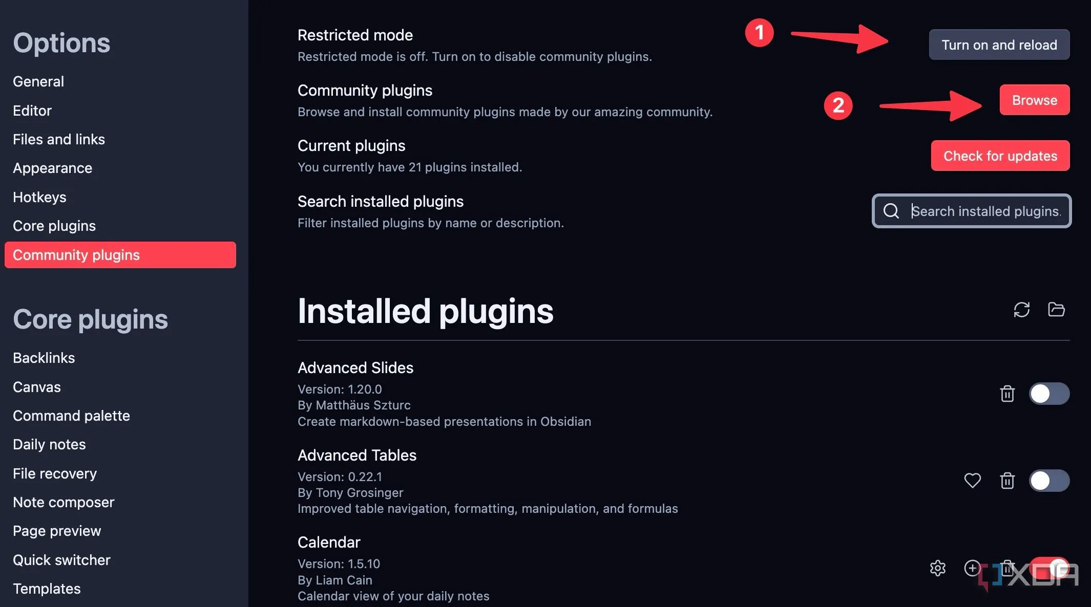 Giao diện duyệt các plugin cộng đồng trong cài đặt Obsidian