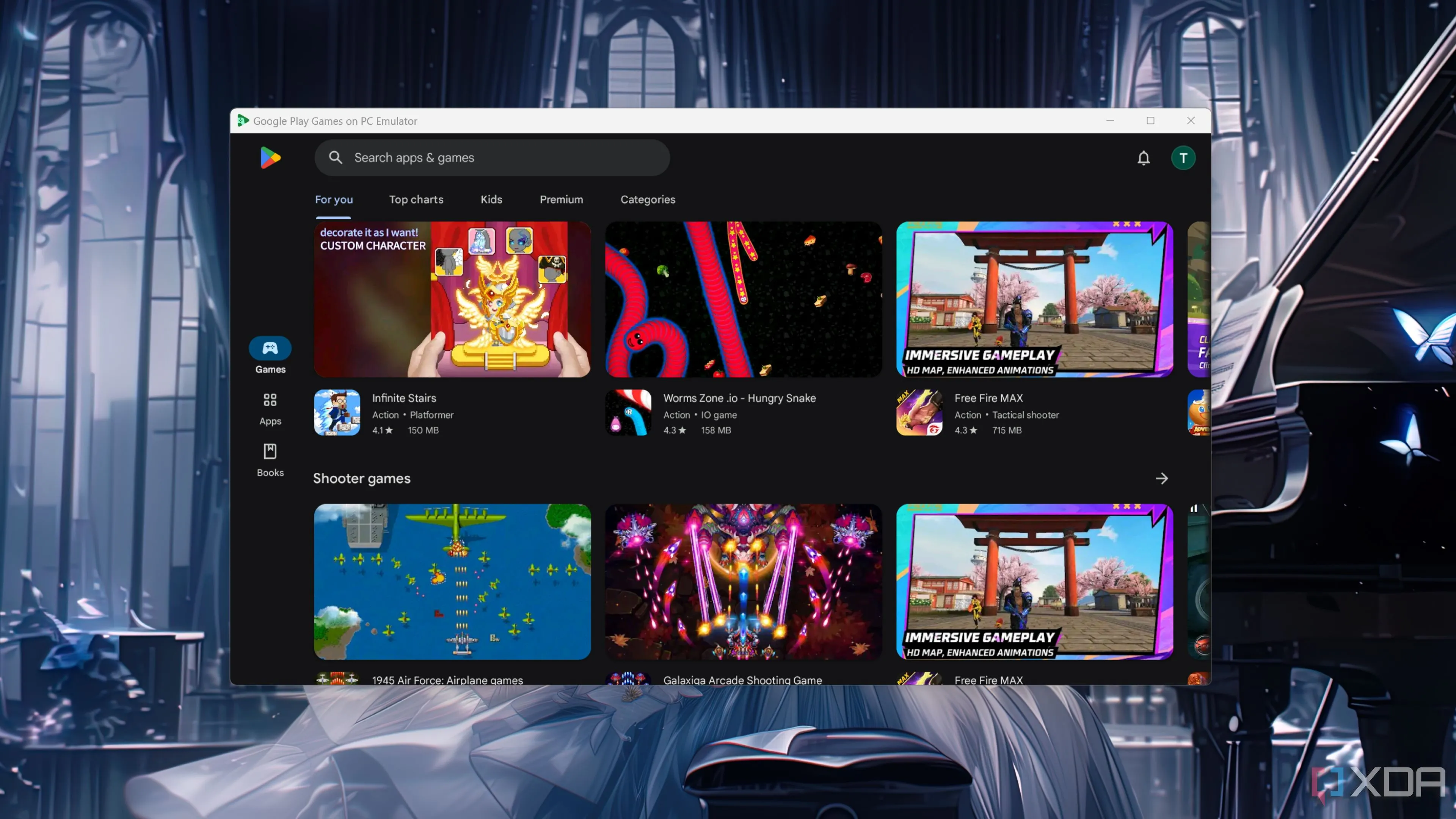 Giao diện duyệt game trên ứng dụng Google Play Games Emulator trên PC, hiển thị các tựa game Android có thể chơi trên máy tính.