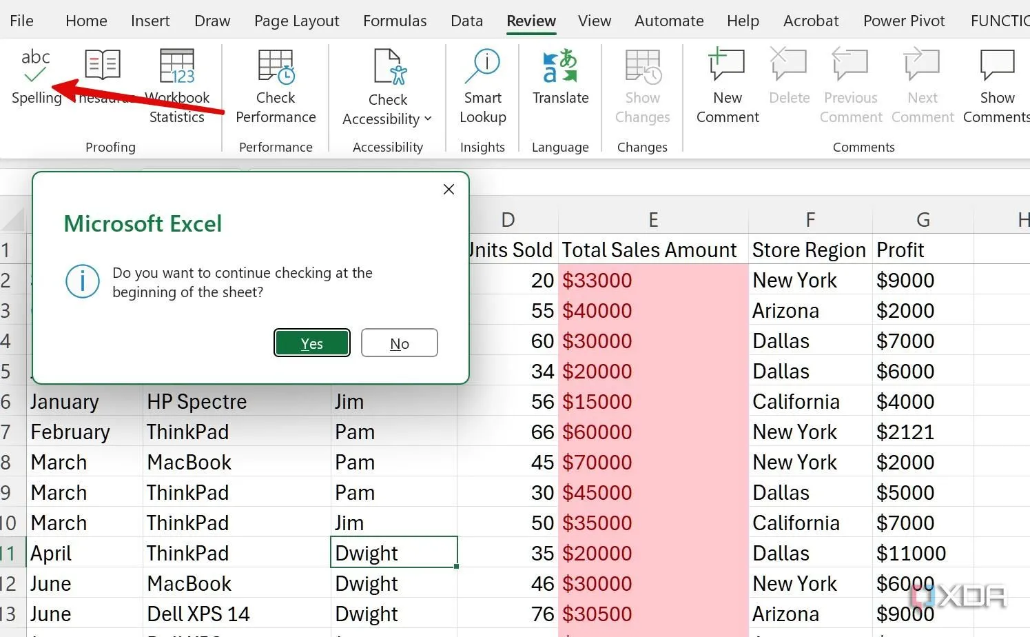 Giao diện Excel hiển thị cách chạy kiểm tra chính tả (Spell Check) trong tab Review.