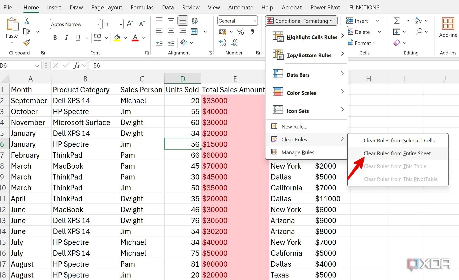 Giao diện Excel hiển thị cách xóa các quy tắc Định dạng có điều kiện (Conditional Formatting) trên toàn bộ trang tính.
