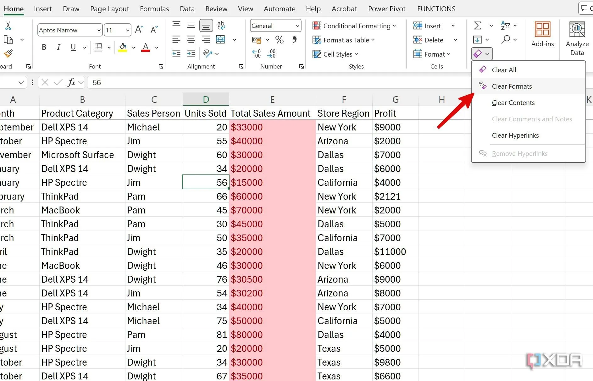Giao diện Excel hiển thị cách xóa định dạng (Clear Formats) từ menu Clear trong tab Home.