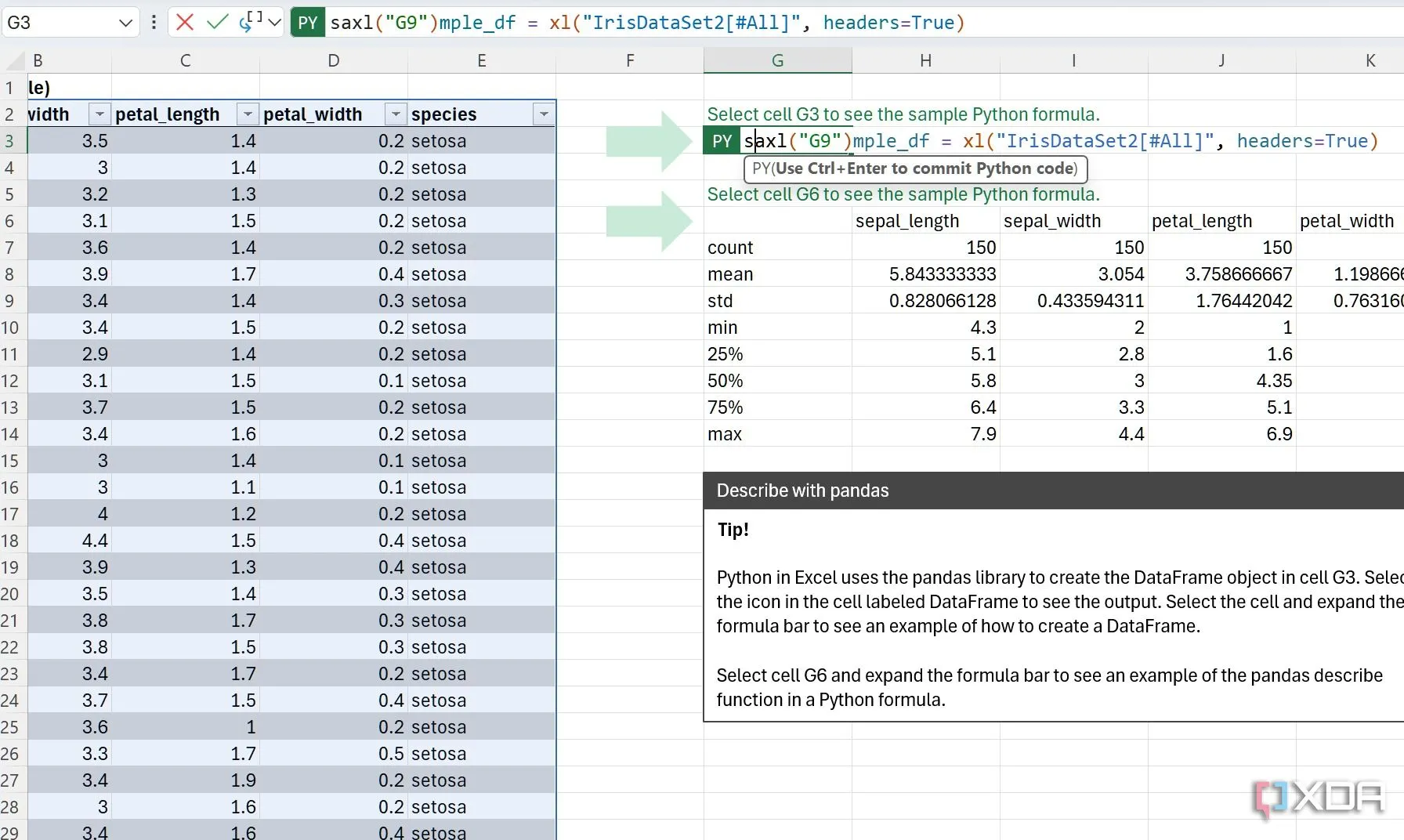 Giao diện Excel trên web với đoạn mã Python được tích hợp để thực hiện các phân tích dữ liệu nâng cao