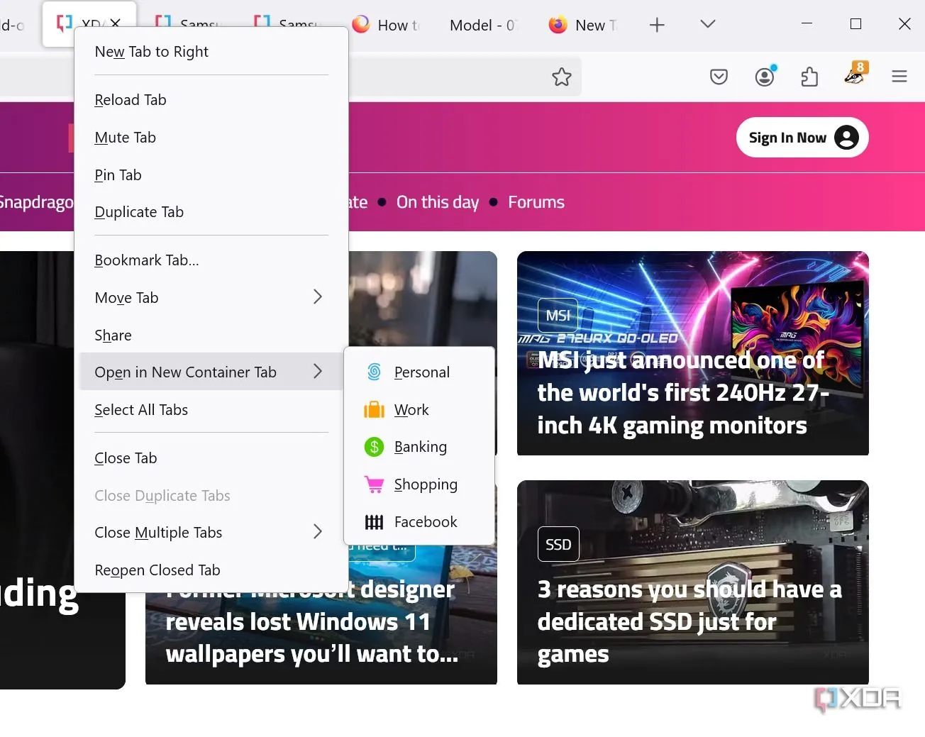 Giao diện Firefox Containers cho phép tạo các không gian duyệt web riêng biệt