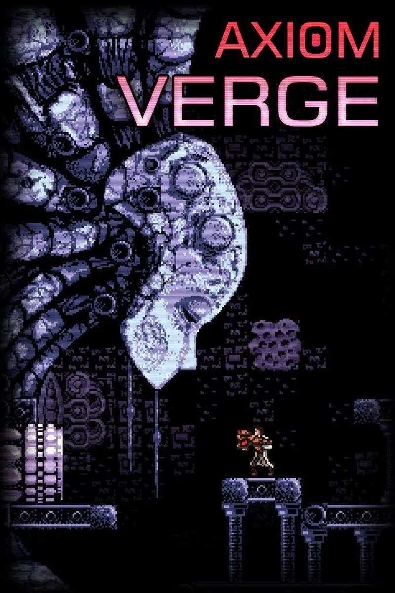 Giao diện game Axiom Verge với nhân vật chính và môi trường khoa học viễn tưởng pixelated đầy bí ẩn, gợi nhớ game Metroid.