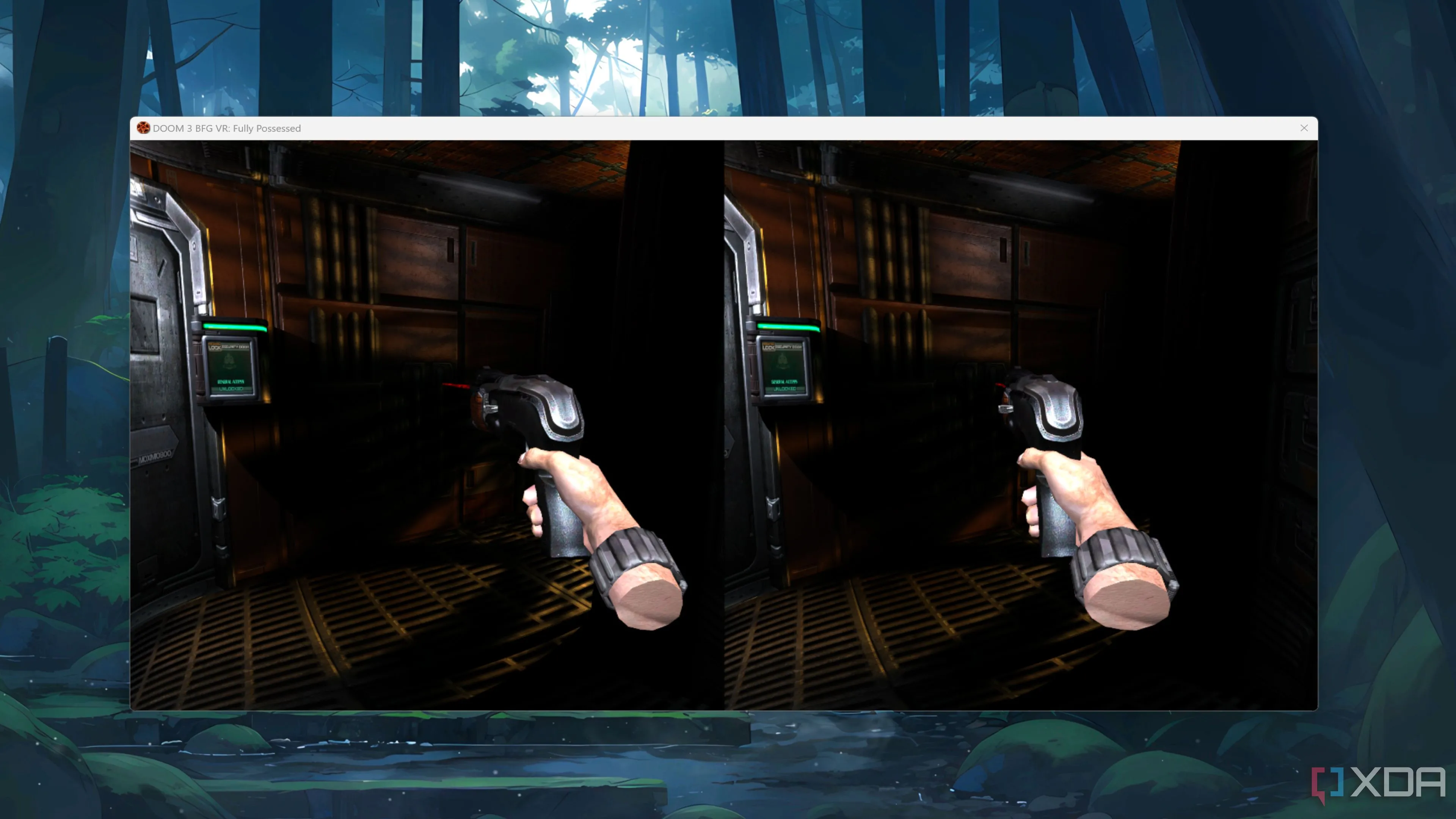 Giao diện game Doom 3: BFG Edition khi được chơi trong thực tế ảo (VR), cho thấy góc nhìn người thứ nhất với súng và môi trường kinh dị.