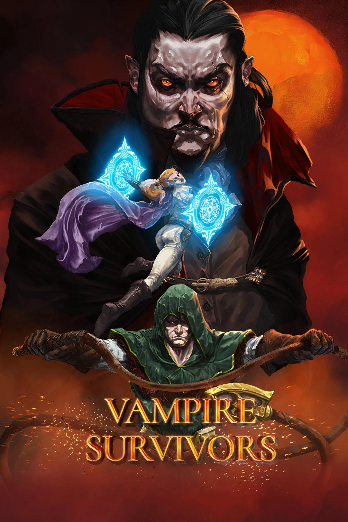 Giao diện gameplay đầy hỗn loạn của Vampire Survivors với vô số kẻ địch và hiệu ứng