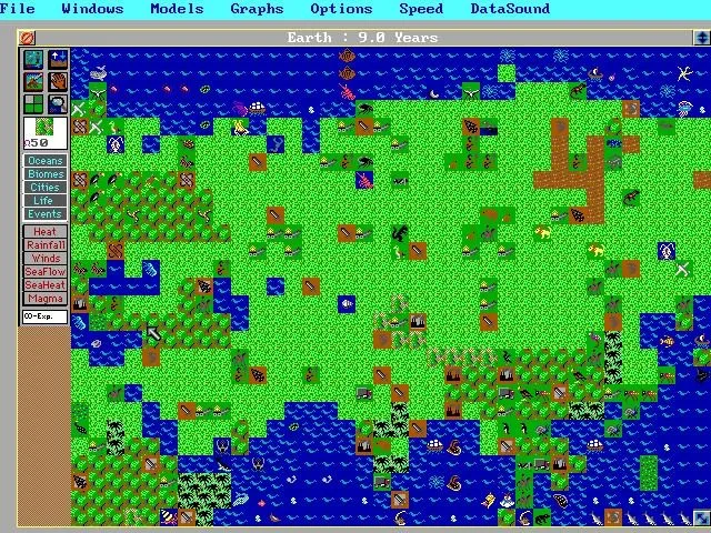 Giao diện gameplay phức tạp của SimEarth, cho phép người chơi kiến tạo hành tinh từ cấp độ vi mô
