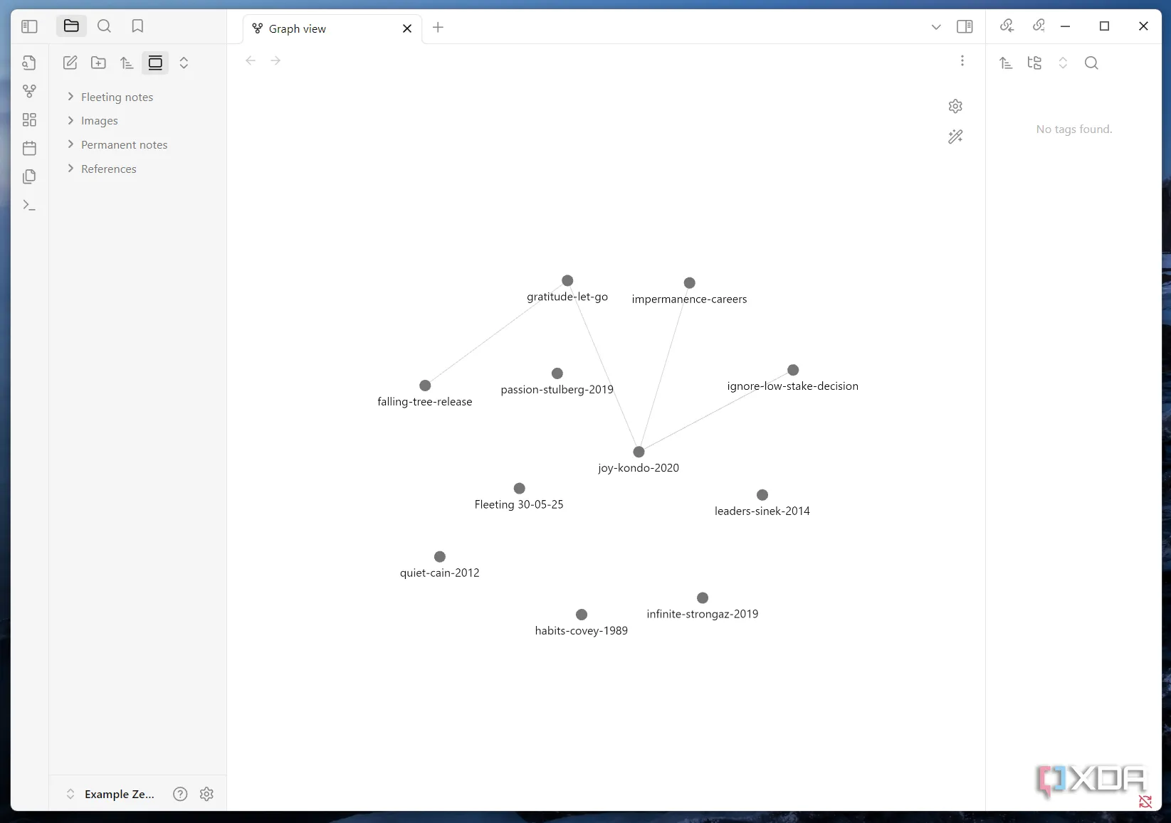 Giao diện Graph View của Obsidian thể hiện các mối liên kết ghi chú trong Zettelkasten