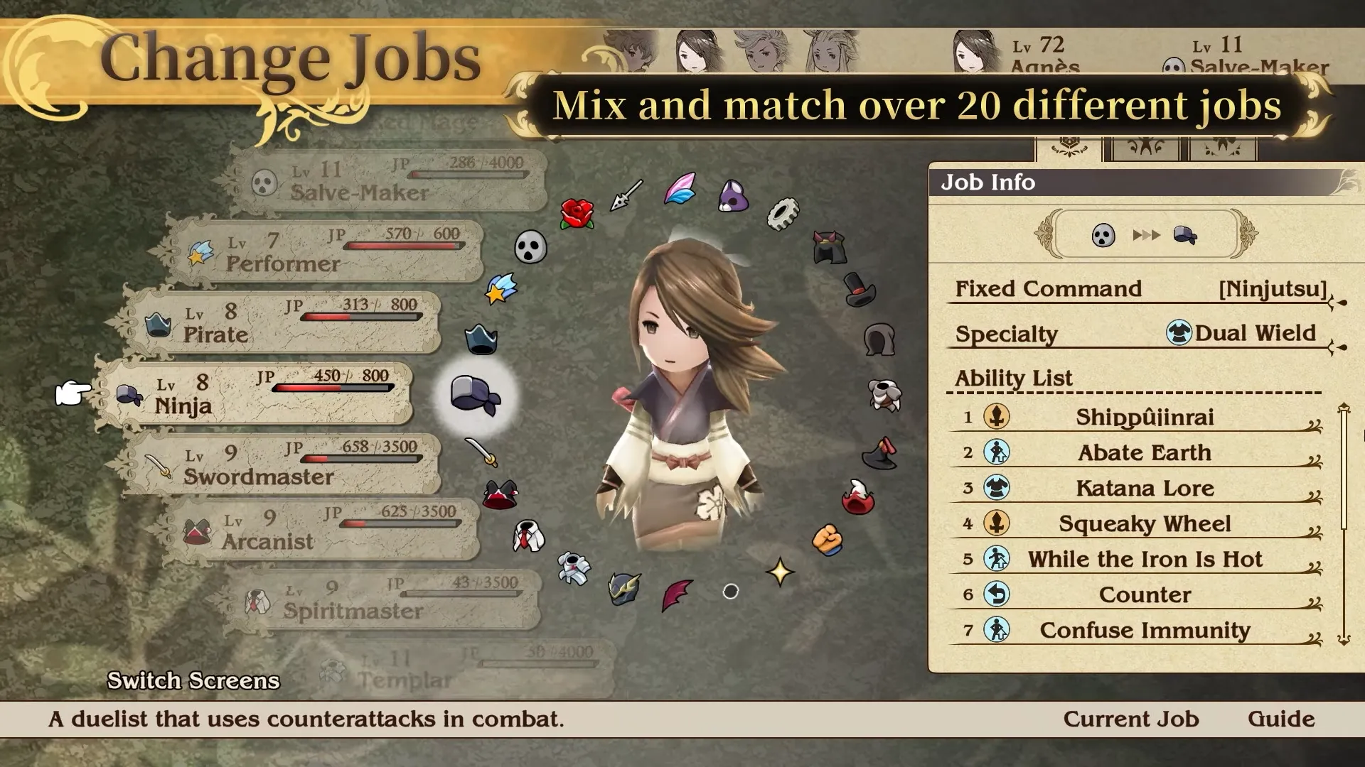 Giao diện hệ thống nghề nghiệp (Job System) trong Bravely Default, cho phép tùy biến nhân vật sâu sắc