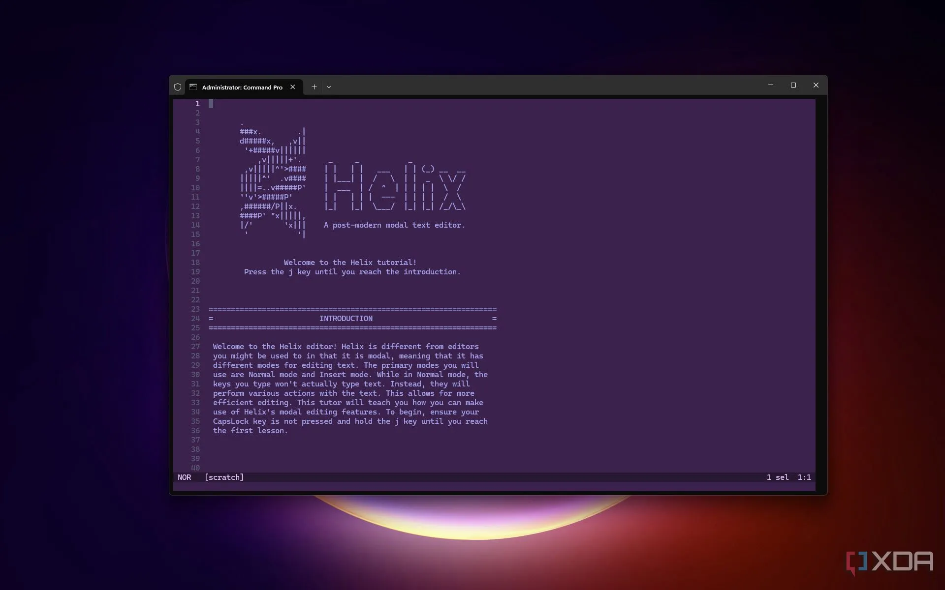 Giao diện Helix Editor hiển thị hướng dẫn và các chế độ soạn thảo