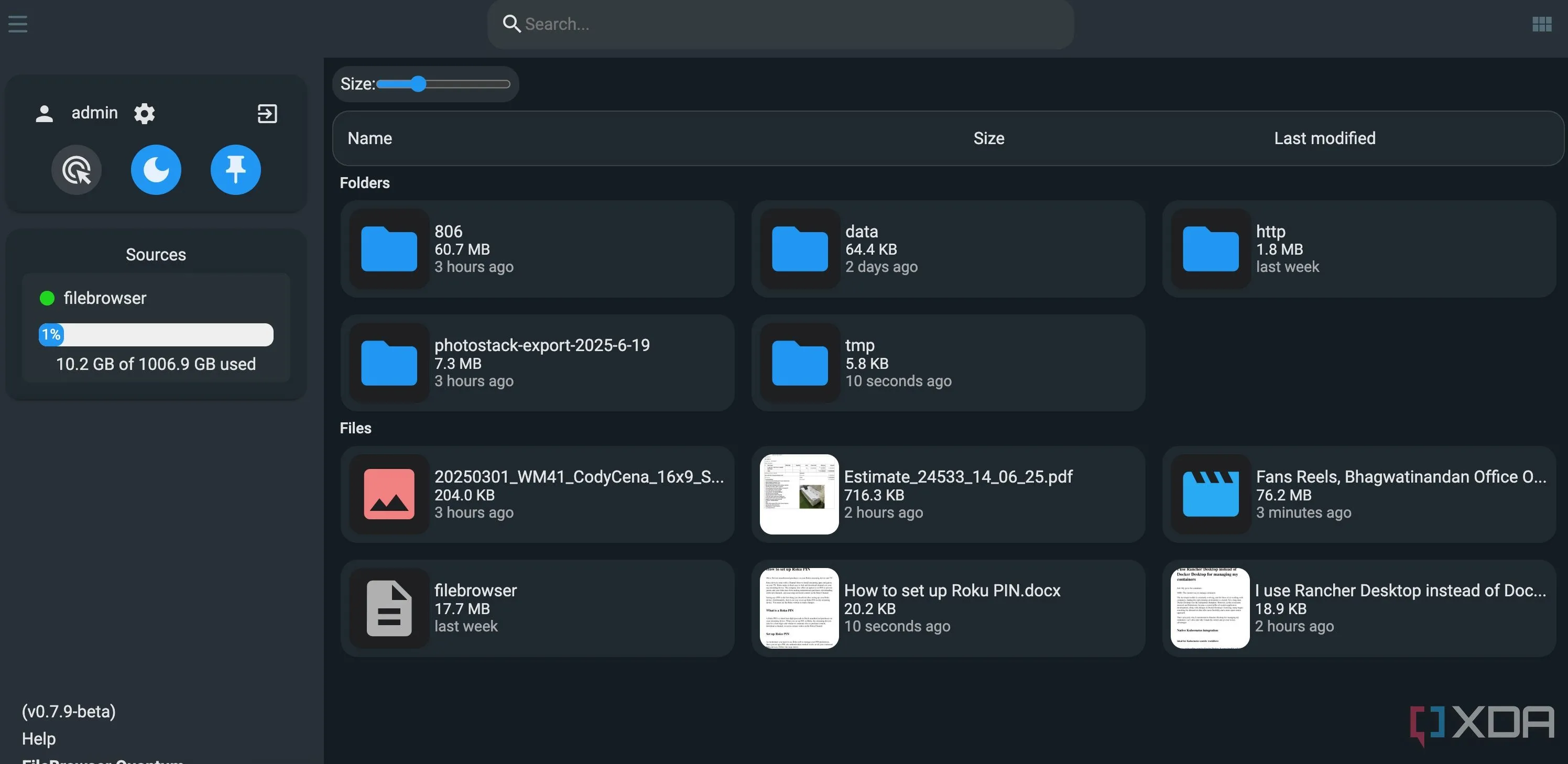 Giao diện hiện đại của FileBrowser Quantum, ứng dụng quản lý file tự host, hiển thị menu chính và các thư mục
