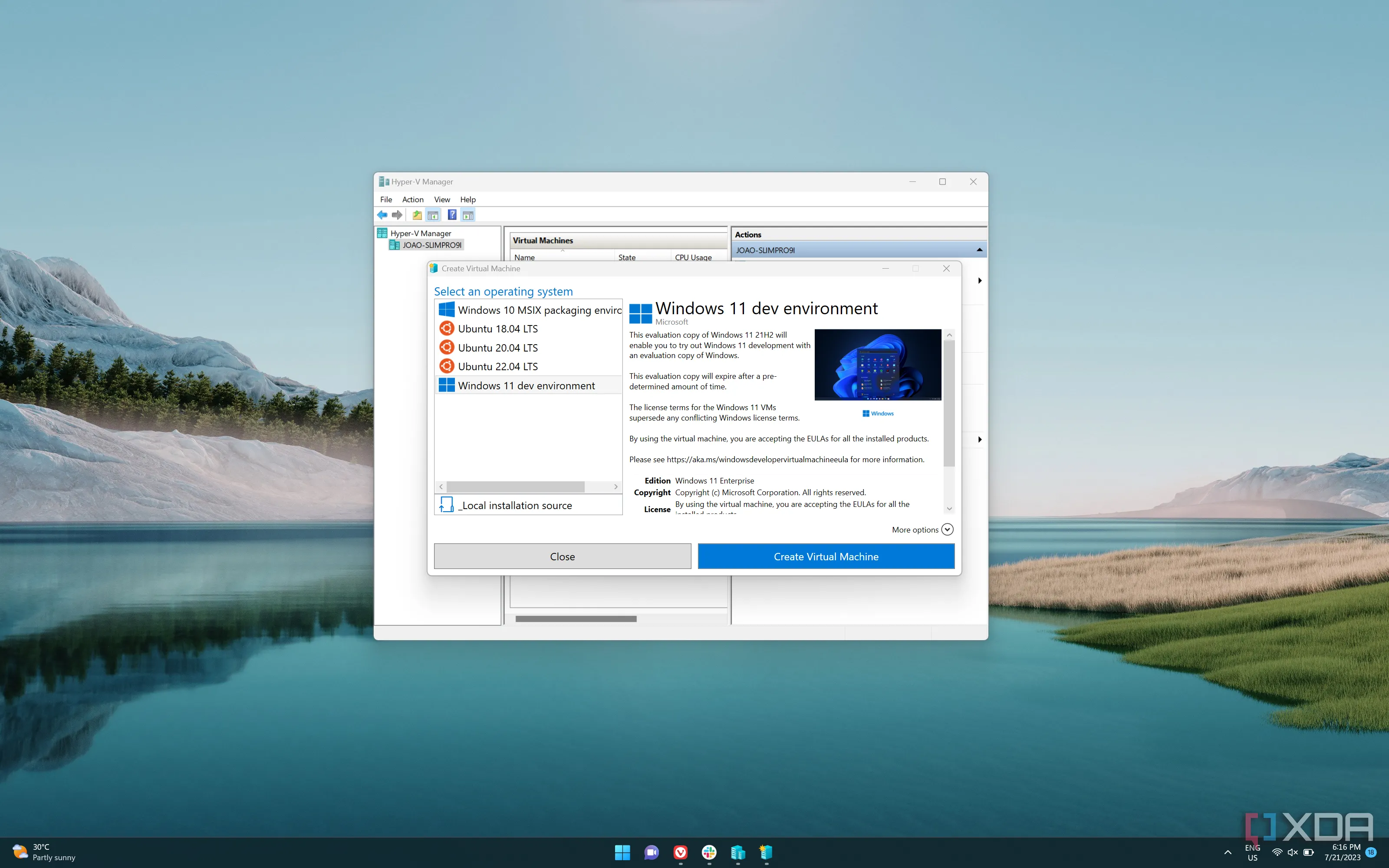 Giao diện Hyper-V Manager và trình tạo nhanh máy ảo trên Windows 11