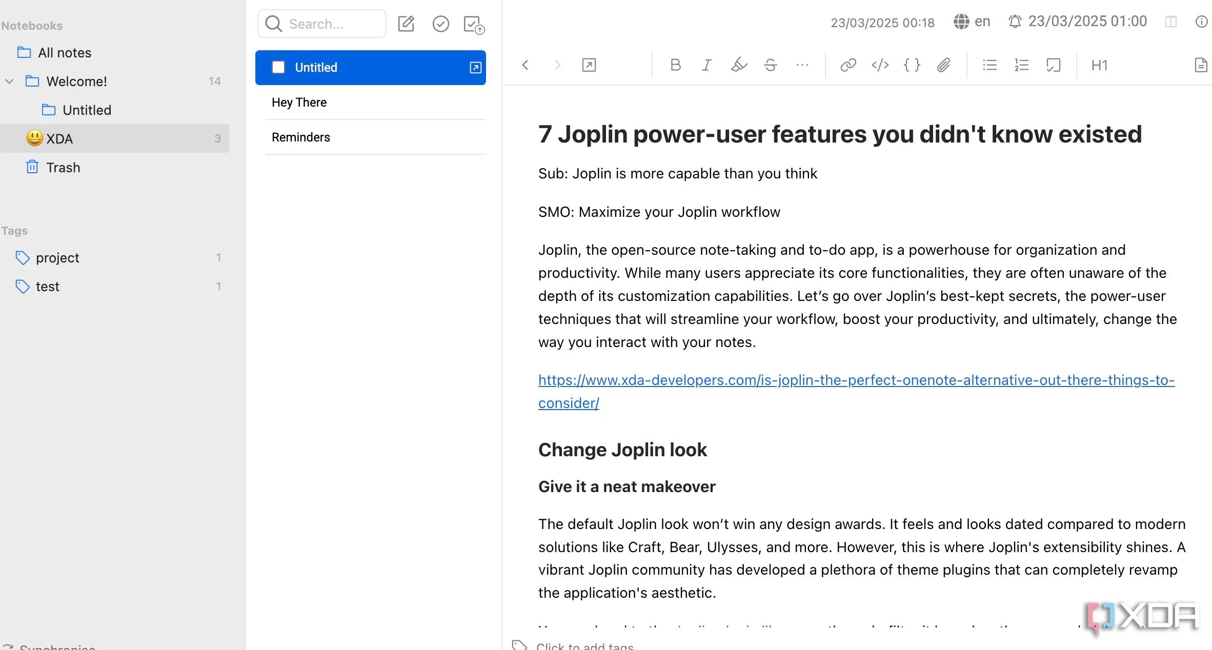 Giao diện Joplin trên macOS với theme tùy chỉnh