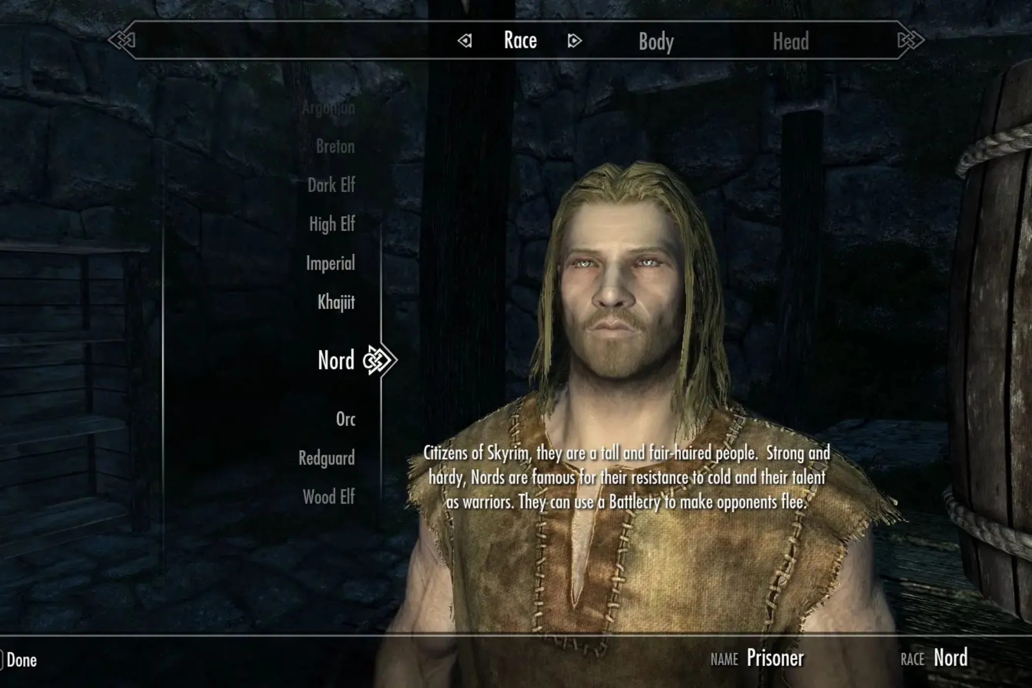 Giao diện khởi đầu nhân vật của mod Alternate Start Live Another Life trong Skyrim
