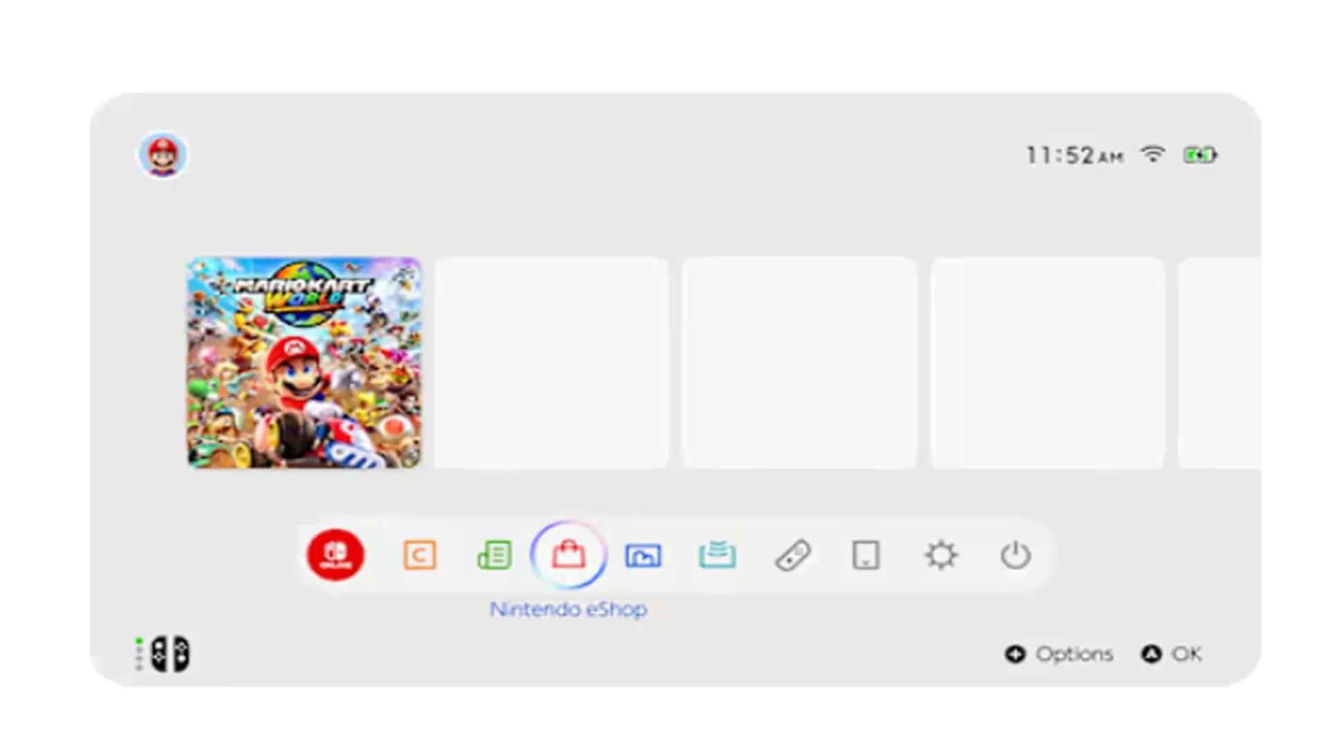 Giao diện màn hình chính của Nintendo Switch 2, trông tương tự phiên bản trước.