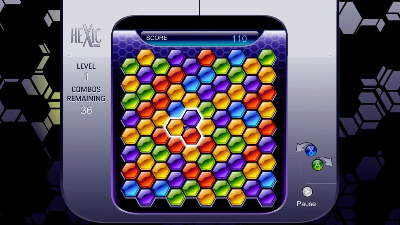 Giao diện màn hình game Hexic HD, hiển thị các khối lục giác đầy màu sắc ở màn chơi cấp độ 1