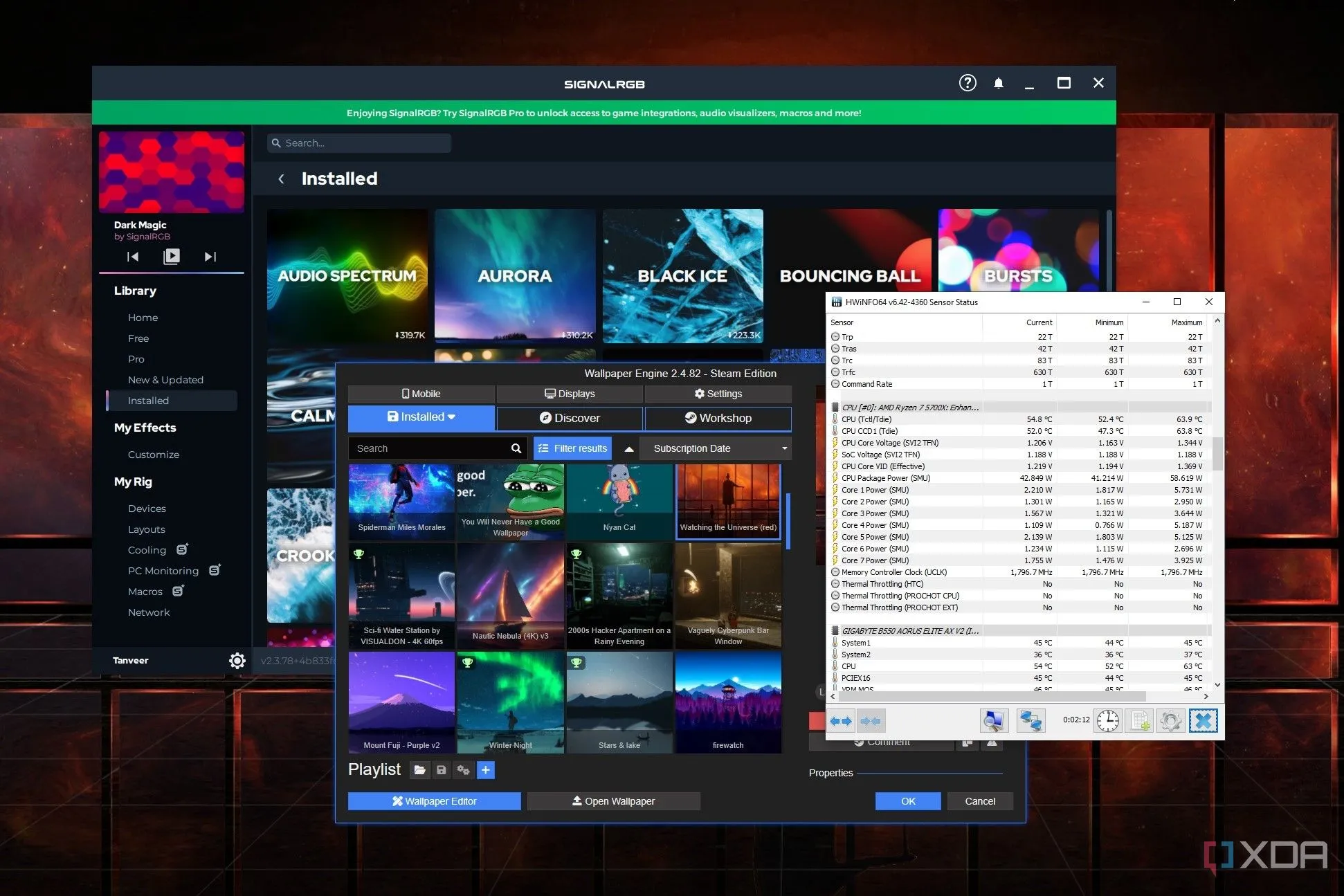 Giao diện màn hình máy tính Windows với các ứng dụng chẩn đoán và tùy chỉnh như SignalRGB, Wallpaper Engine và HWiNFO.