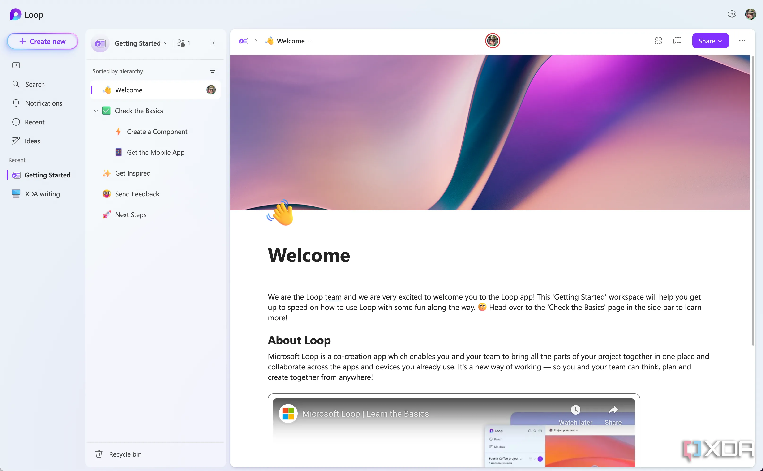 Giao diện Microsoft Loop trên trình duyệt web