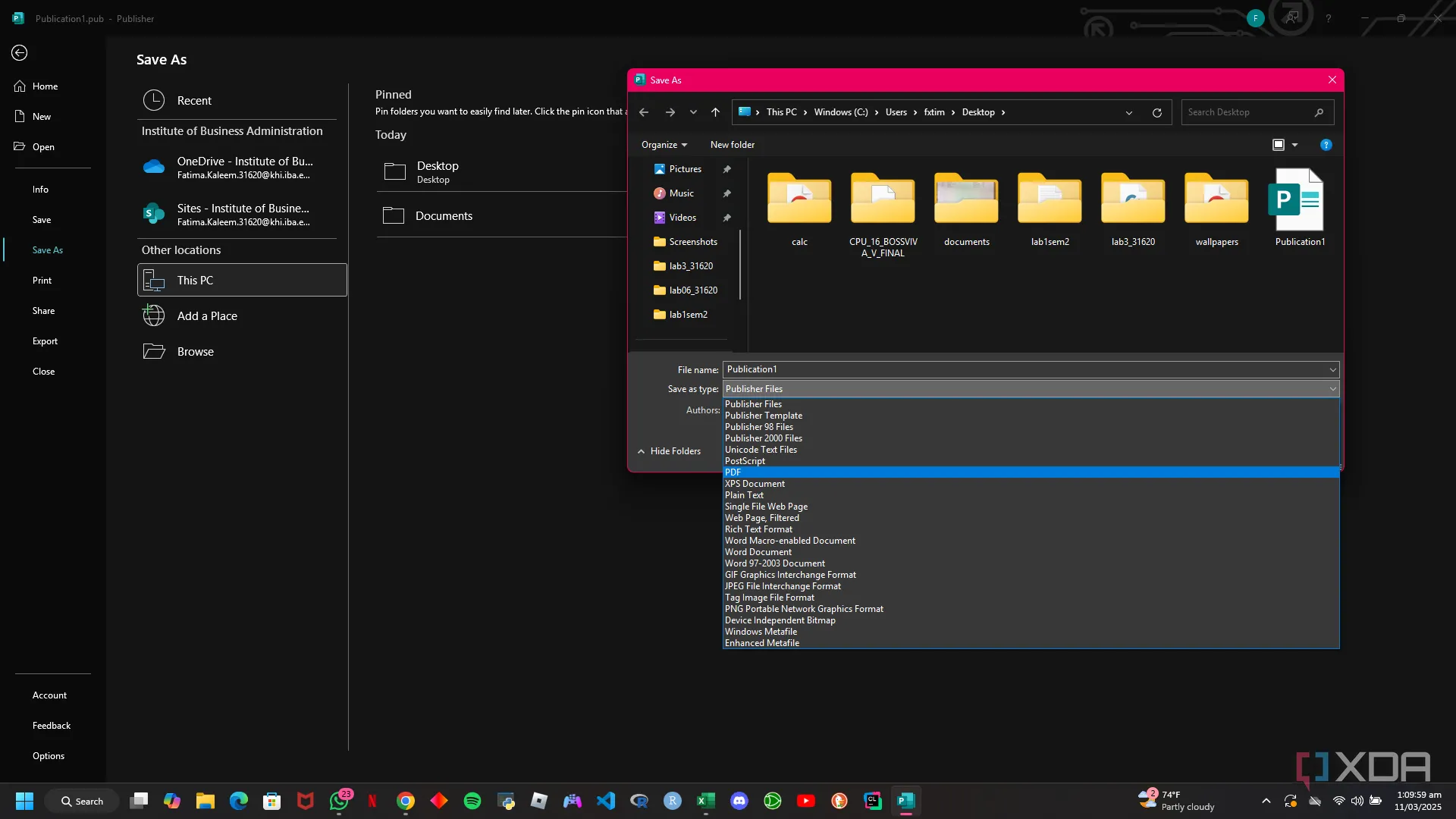 Giao diện Microsoft Publisher hiển thị hộp thoại Save As, cho phép người dùng chọn định dạng .pdf hoặc .docx để lưu tệp.