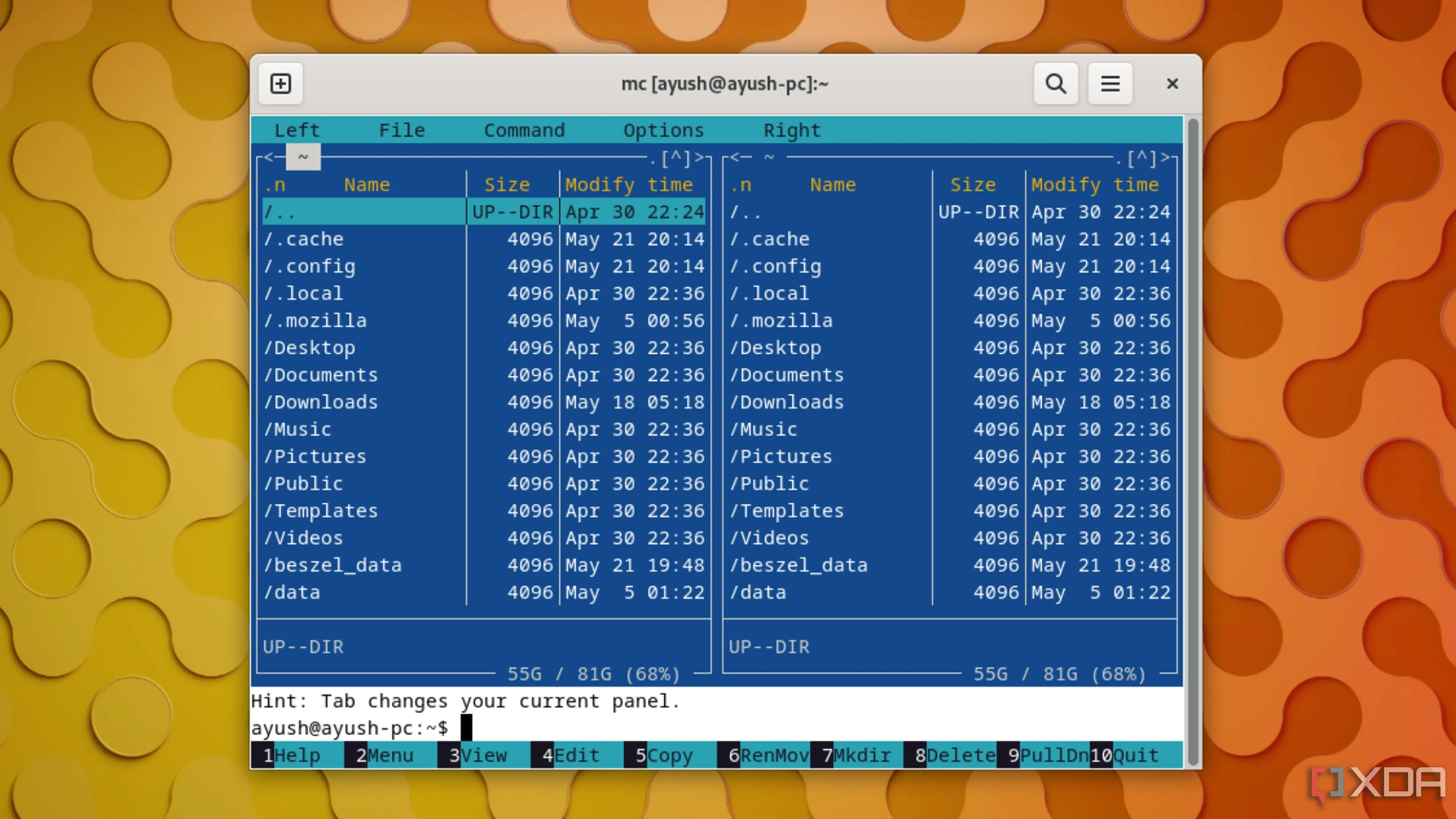 Giao diện Midnight Commander đang chạy trong terminal Linux, hiển thị quản lý tệp tin và thư mục hiệu quả.
